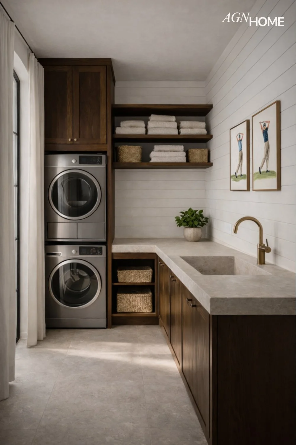 Warm European Laundry Room with Dark Wood Cabinets &amp; Shiplap