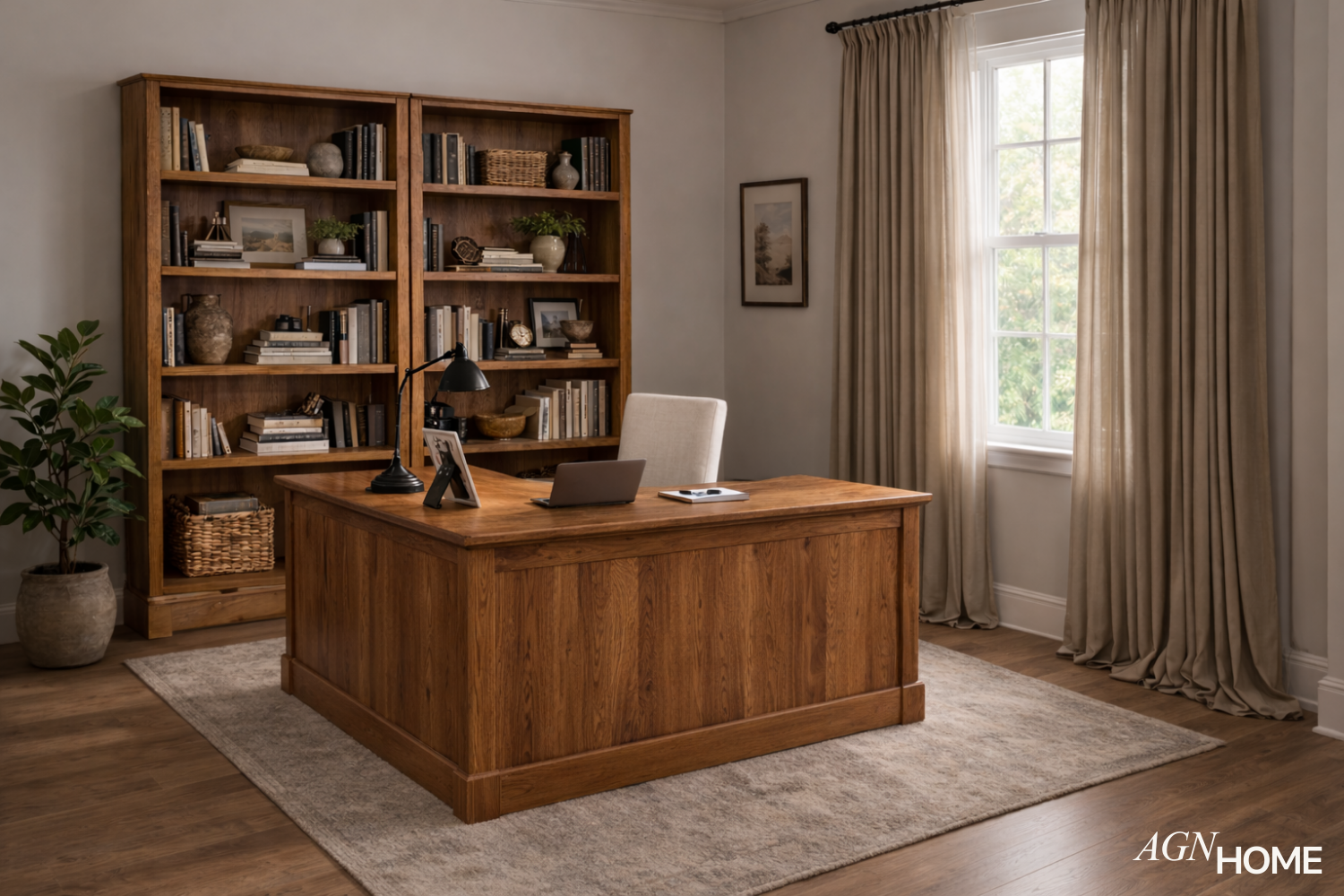Warm Oak Home Office with Floor-to-Ceiling Curtains