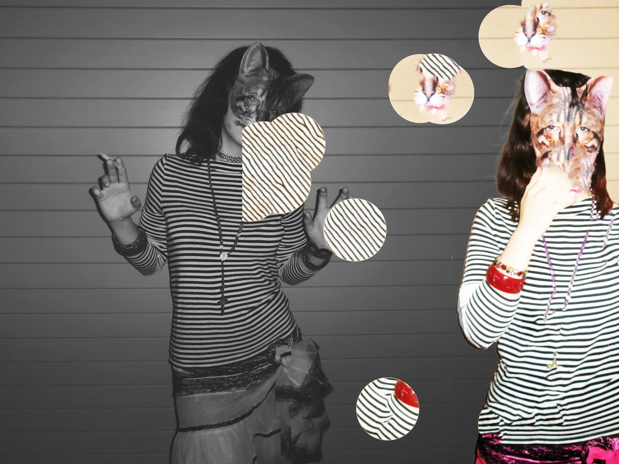 Two women with featureless cat faces, dressed in striped tops, pose against a background with horizontal lines. One woman has dark hair and is making a waving gesture, while the other has her hand near her face. There are several abstract circle shapes and smaller images of cats overlaid on the picture.