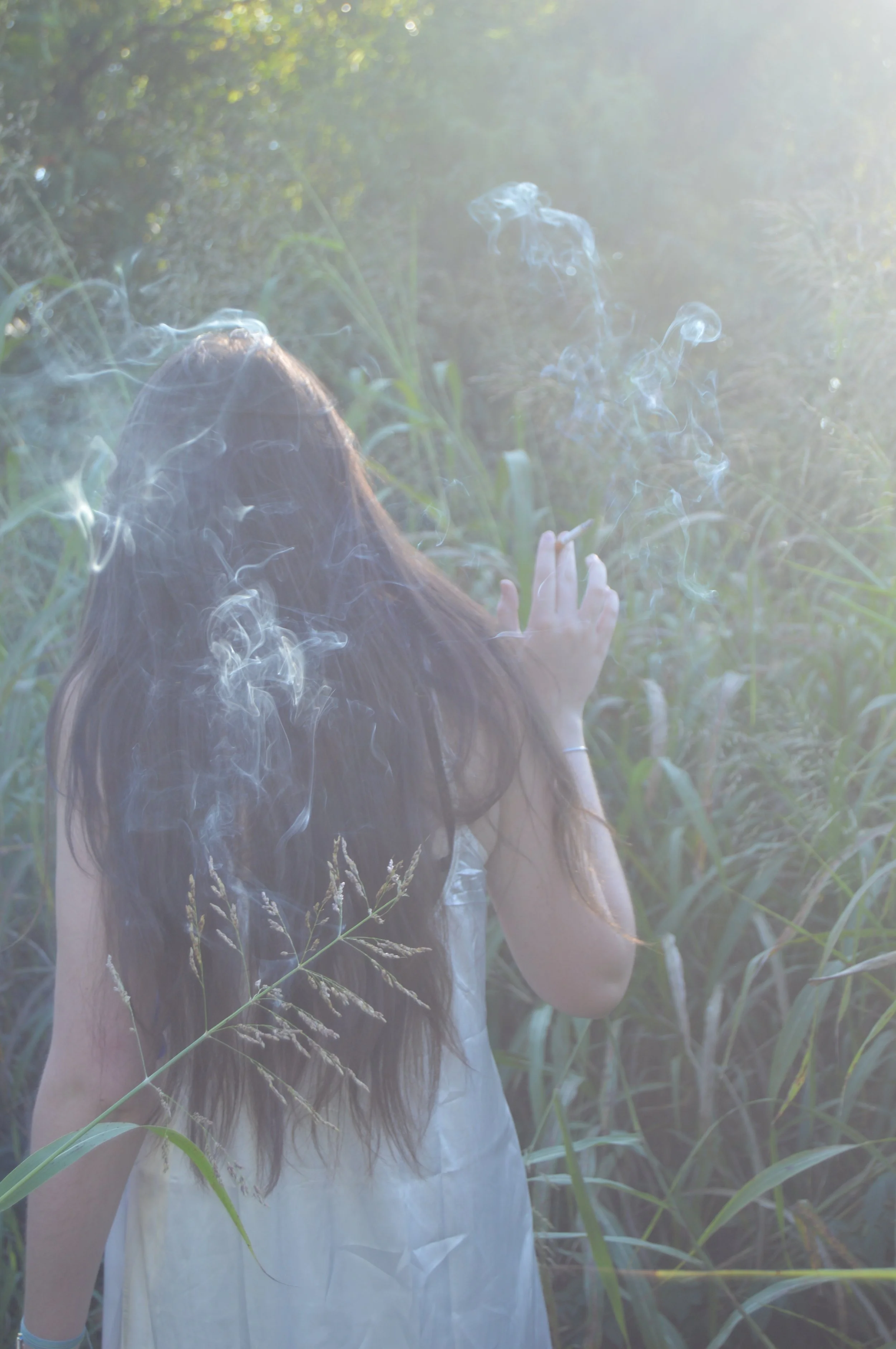 A woman with long dark hair standing in a field of tall grass, with sunlight shining through and smoke rising around her.