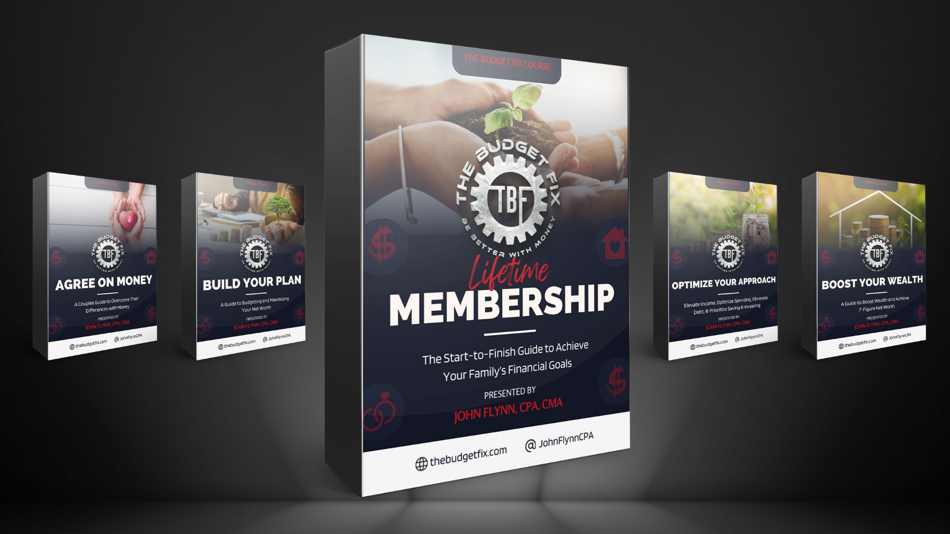 Promotional display of five digital book covers for financial educational courses, with the central cover titled "Lifetime Membership" showing hands planting a seedling. Other covers include titles "Agree on Money," "Build Your Plan," "Optimize Your Approach," and "Boost Your Wealth." The background is dark, emphasizing the book covers.