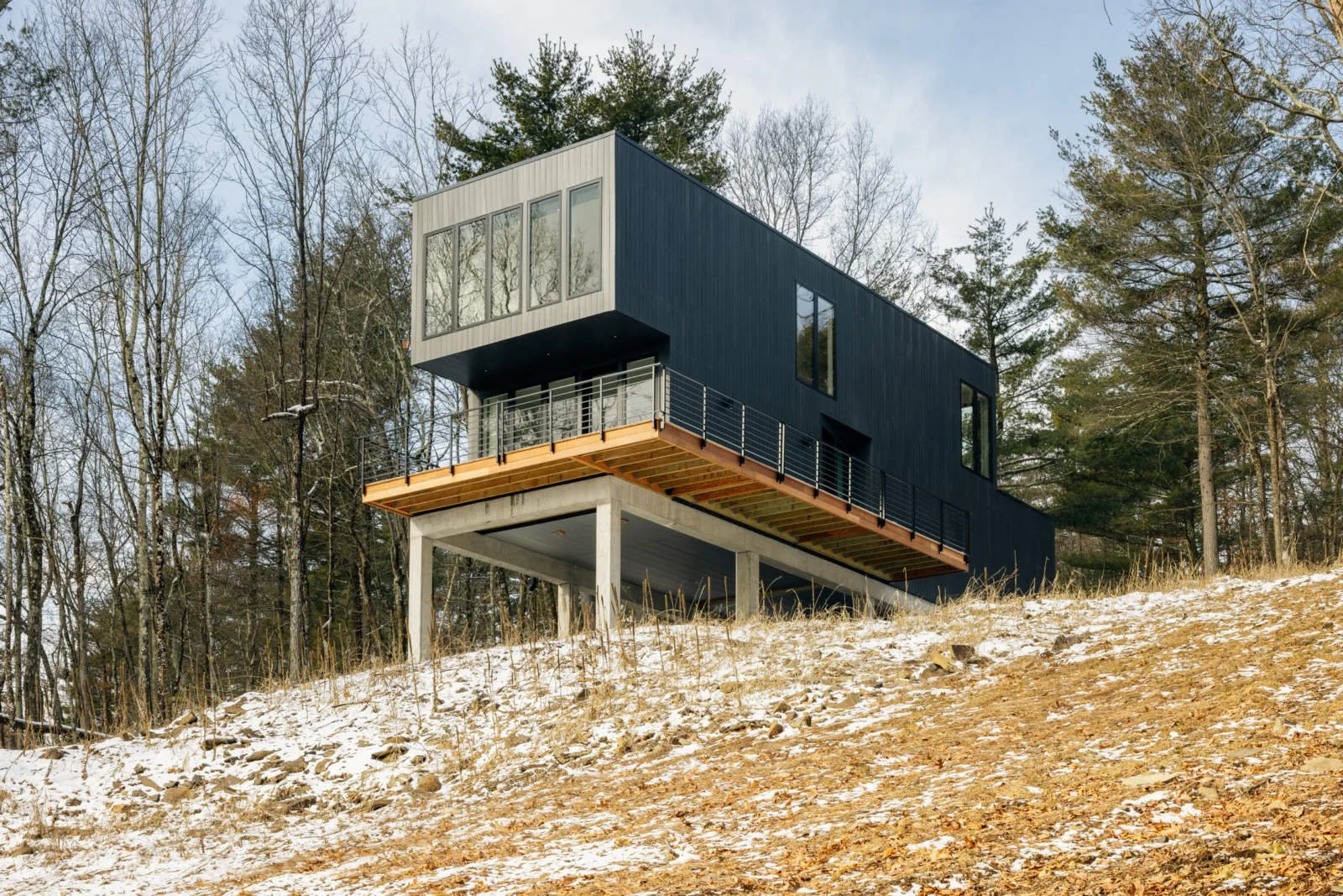 Modern house elevated on stilts on a snowy hillside with trees in the background.