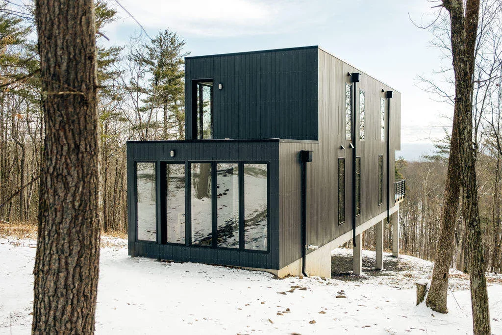 Modern black house with large windows situated among tall trees in a snowy landscape.