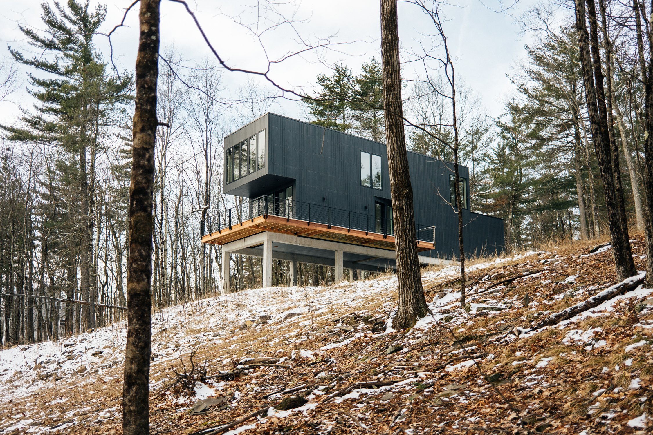 A modern, black house elevated on stilts in a wooded, snowy landscape.