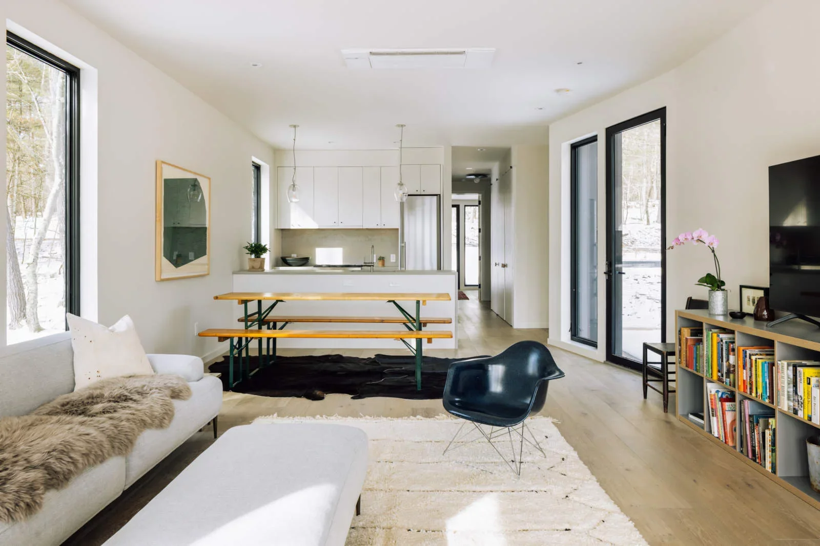 Open-concept living room and kitchen with large windows, white walls, hardwood floors, a white sofa with a fur throw, a black chair, a bookshelf with colorful books, a TV, potted plants, and outdoor scenery visible through glass doors.