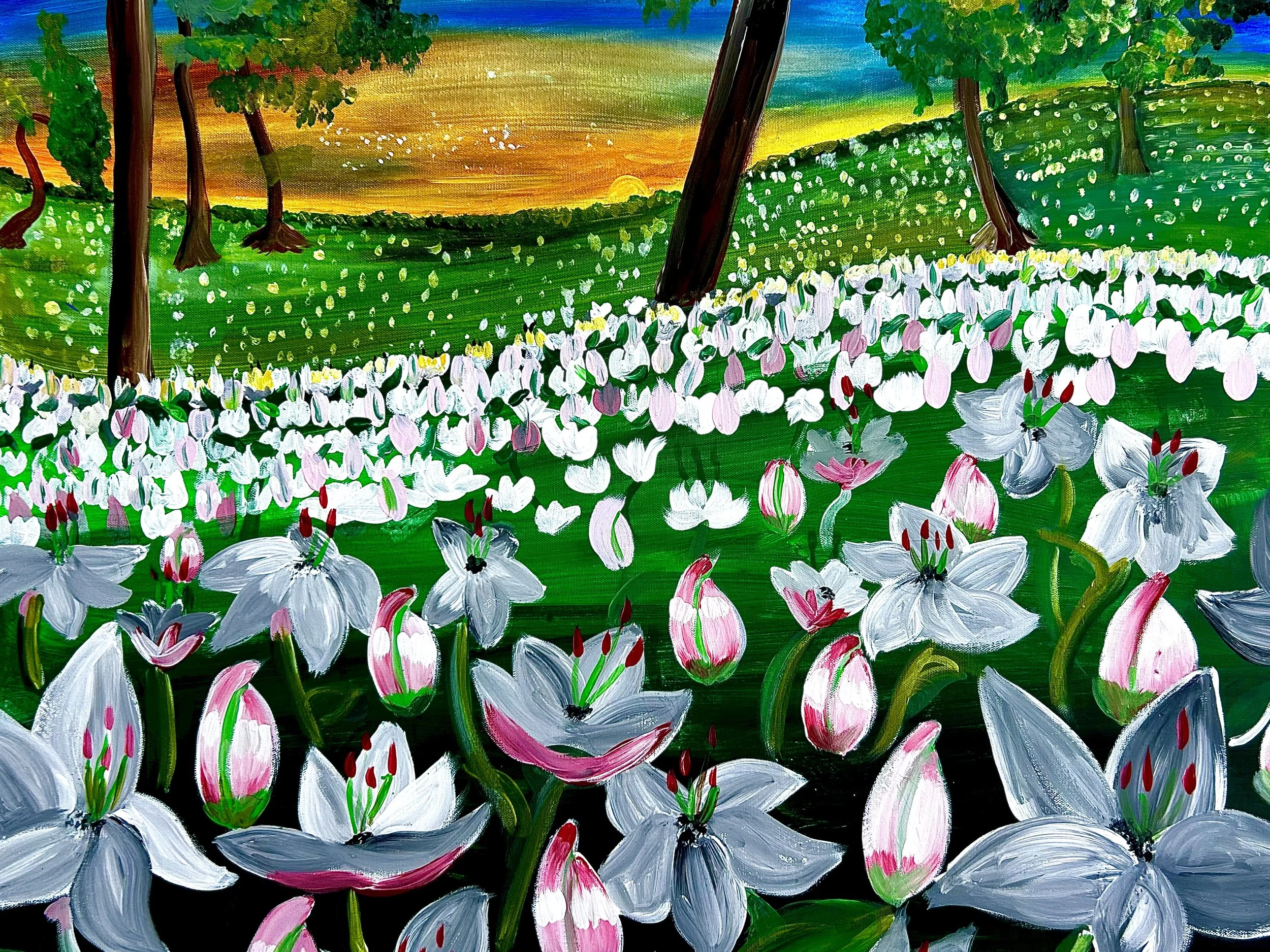 A colorful painting of a scenic landscape during sunset, featuring green fields, tall trees, and a sky with shades of blue, orange, and yellow. White and pink flowers are in the foreground.