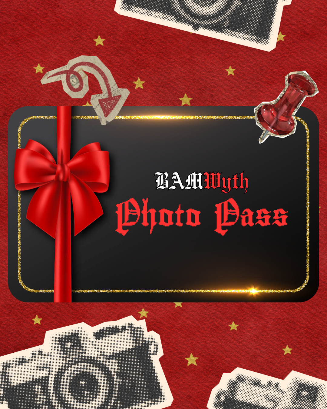 Decorative photo booth sign with a black background, red bow, and red and black text reading 'BABYth Photo Pass,' surrounded by vintage camera illustrations, a red pushpin, and a red and white striped arrow on a patterned red background with gold stars.