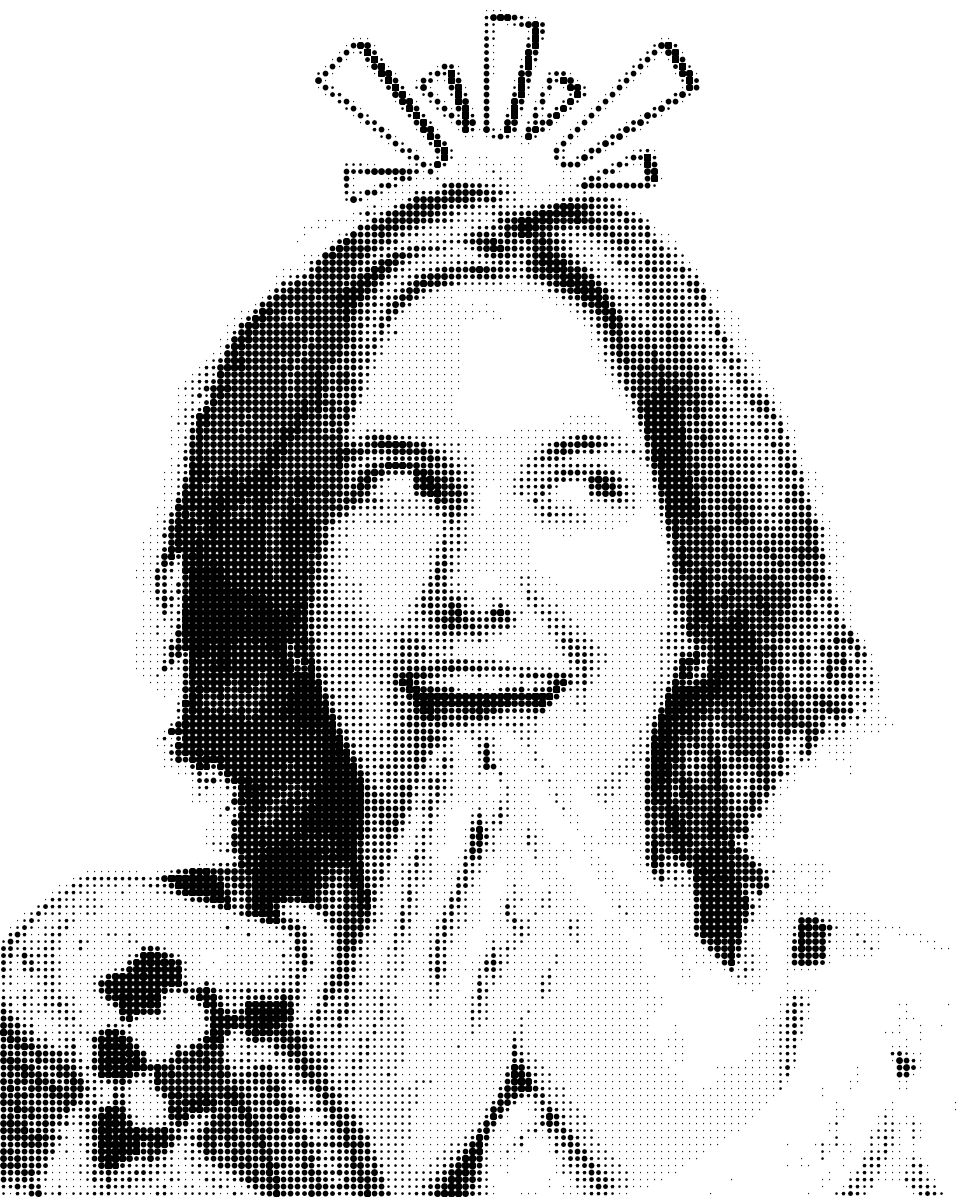 Black and white halftone illustration of a woman with a happy and amazed expression, holding her hand to her mouth, with a crown-like pattern above her head.