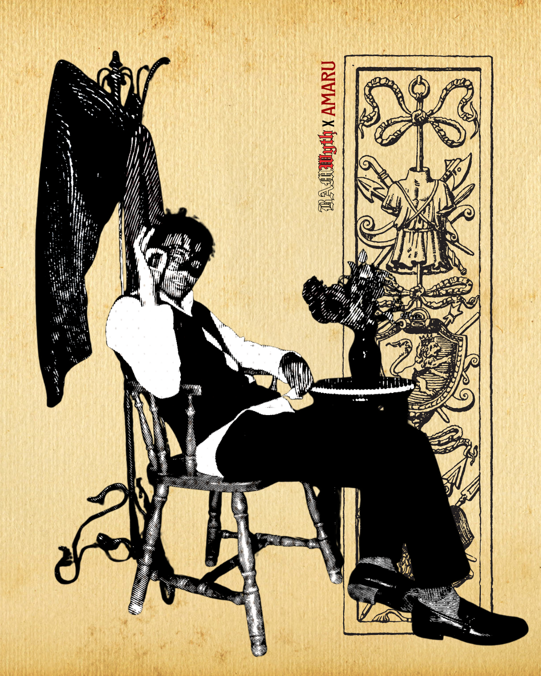 A black-and-white illustration of a person sitting on a wooden chair with a large butterfly wing attached to their back. The person has glasses, a white shirt, and a vest, and appears to be resting their head on their hand. There is a small table wit
