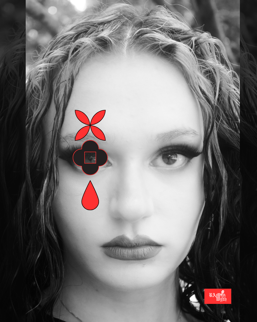 Black and white portrait of a woman with curly hair, with red graphic overlays including a flower, a cloud with a square inside, and a teardrop. There is a red rectangular logo with white text in the bottom right corner.