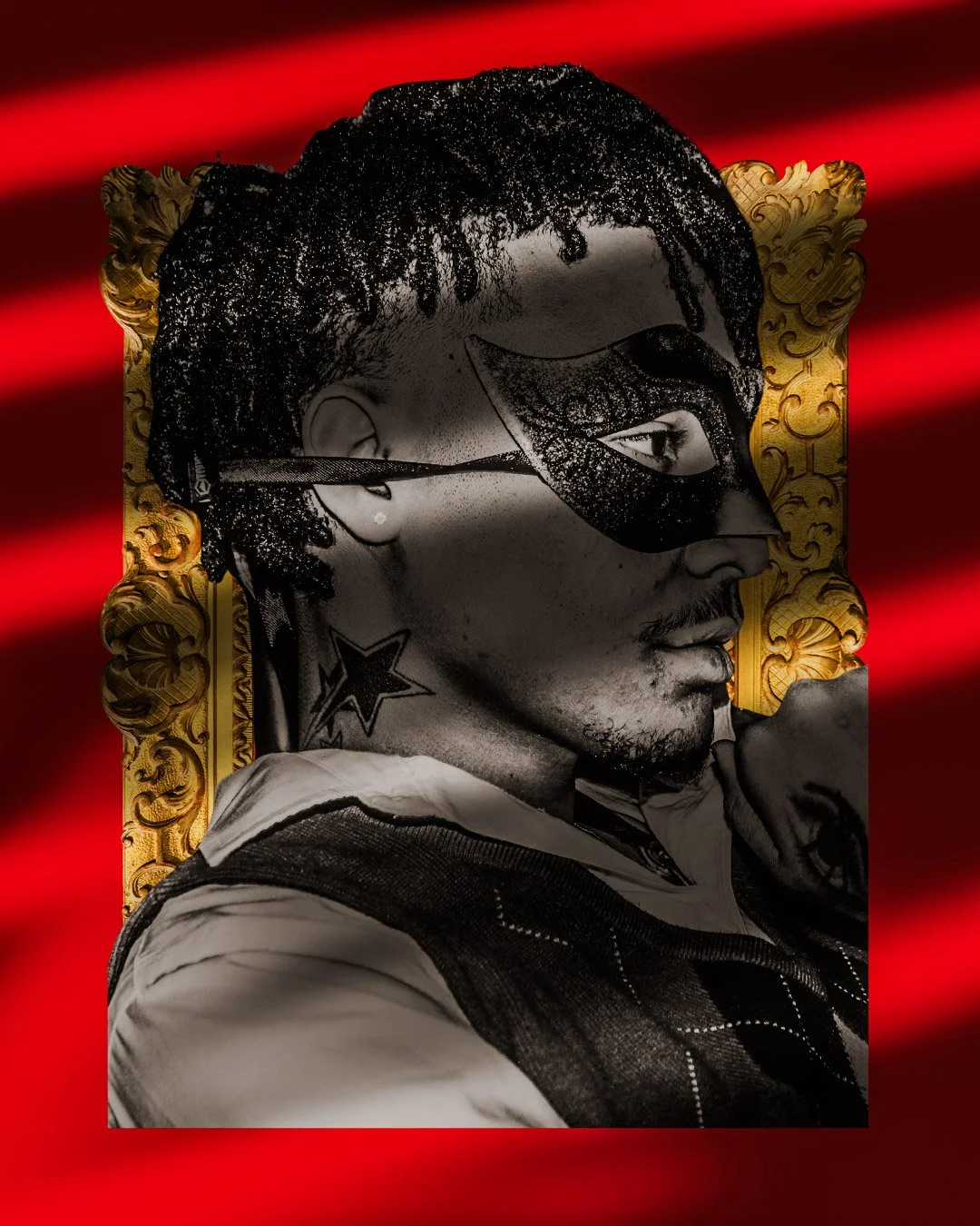 A young man wearing a black mask with sparkles and glasses, with tattoos on his neck, sitting on a decorative gold and black ornate chair, with a red and black blurred background.