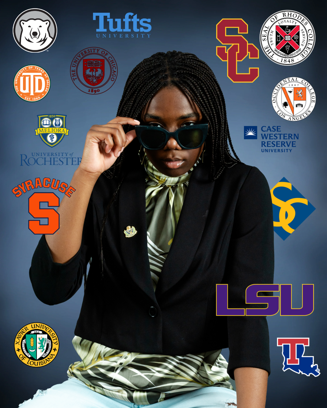 A young woman wearing sunglasses and a black blazer, surrounded by college logos including Syracuse, LSU, USC, Stanford, and others.