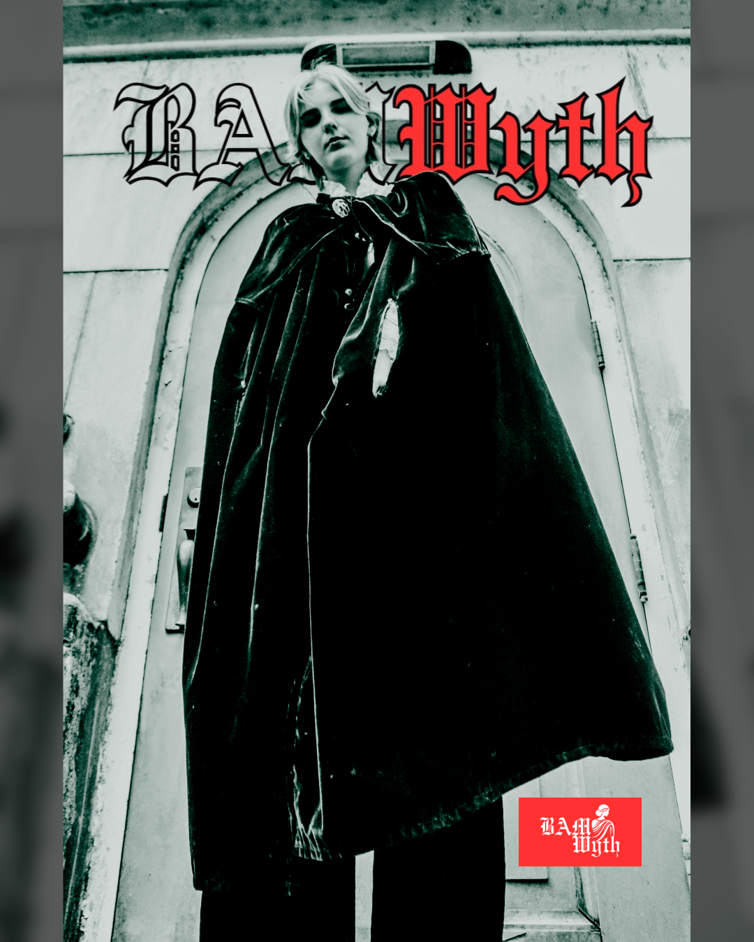 A black and white photograph of a woman standing in front of a door, wearing a long black coat with a serious expression. The words 'BAD' and 'Myth' are written in gothic font at the top, with 'Myth' in red. A red square with white gothic text 'Bad M