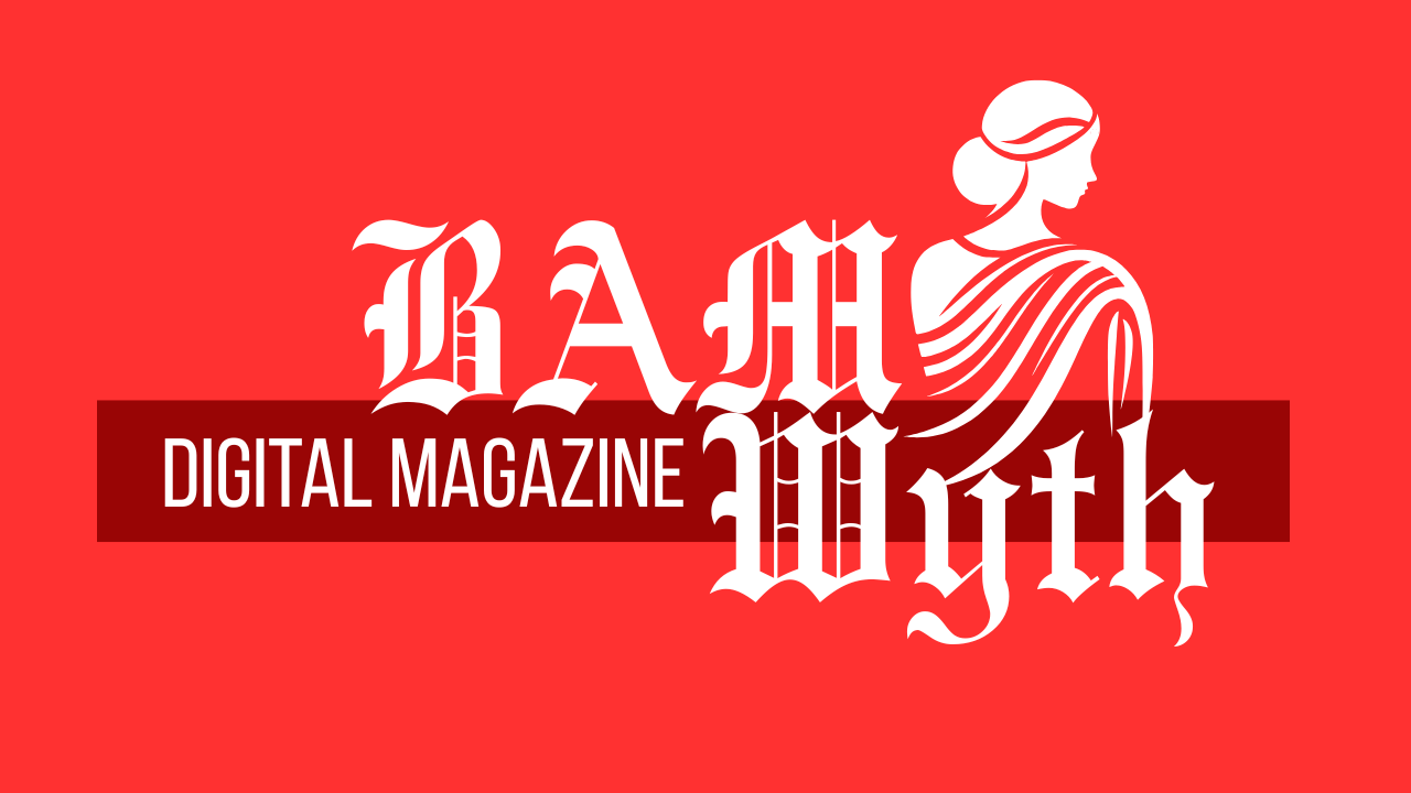 Red background with white and black text reading "Bahamian Digital Magazine" and an outline of a woman in a flowing dress.
