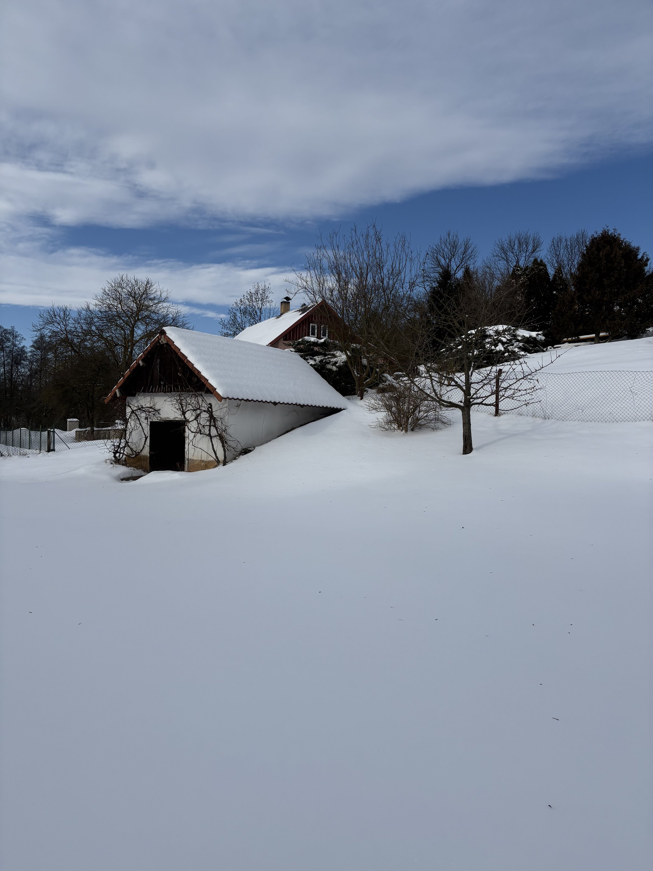 A snow-covered landscape with a barn and house, leafless trees, a chain-link fence, and a partly cloudy sky.