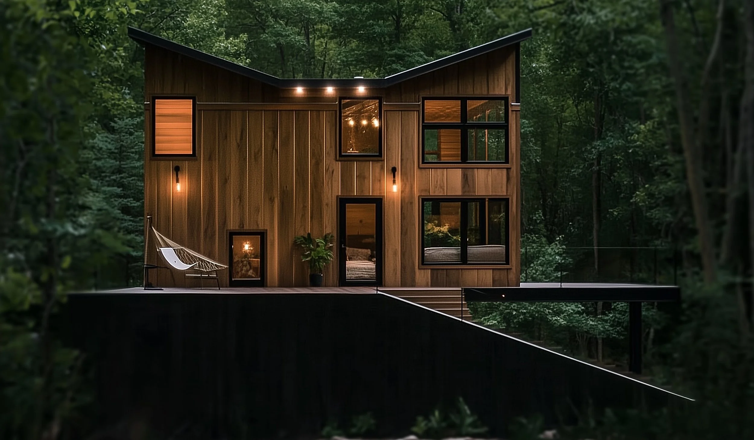 Modern wooden house with large windows, hammock on porch, surrounded by trees at night.