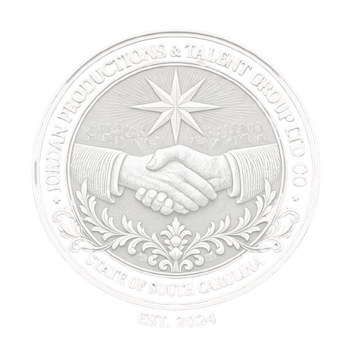 A circular emblem with the text 'Jordan Productions & Talent Group, LLC' and 'State of South Carolina' around the edge, featuring a handshake, a star, and decorative floral elements, with 'EST. 2024' at the bottom. Charleston, SC Magic Talent Group