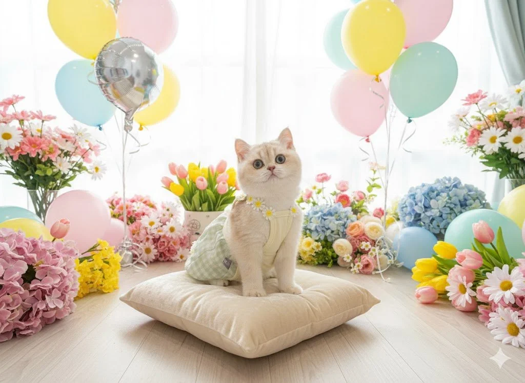 A cute kitten sitting on a pillow surrounded by pastel-colored balloons and floral arrangements in a bright, decorated room.