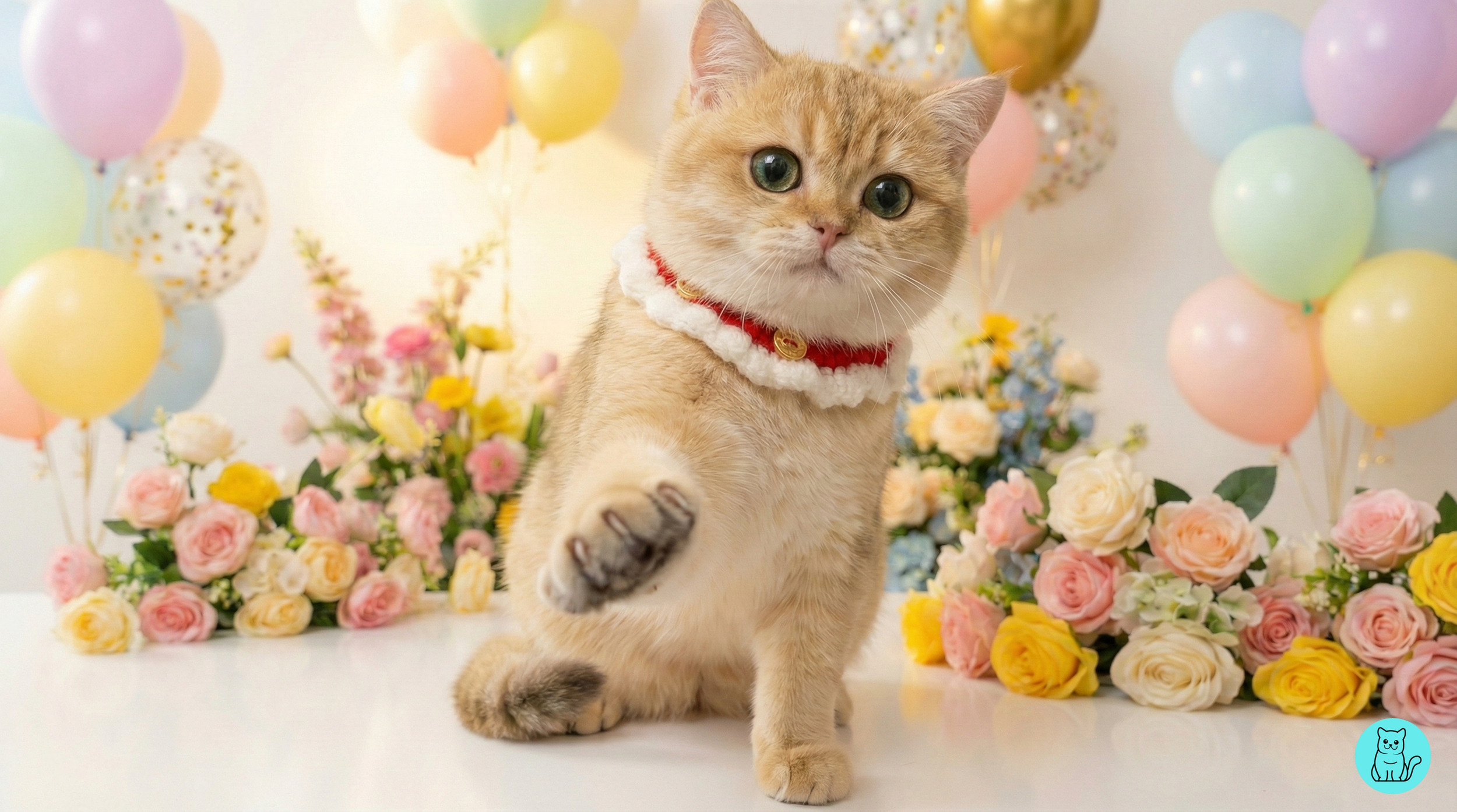 A ginger cat with green eyes and a fluffy red and white collar reaching forward, surrounded by pastel-colored balloons and a variety of pink, yellow, and white roses.