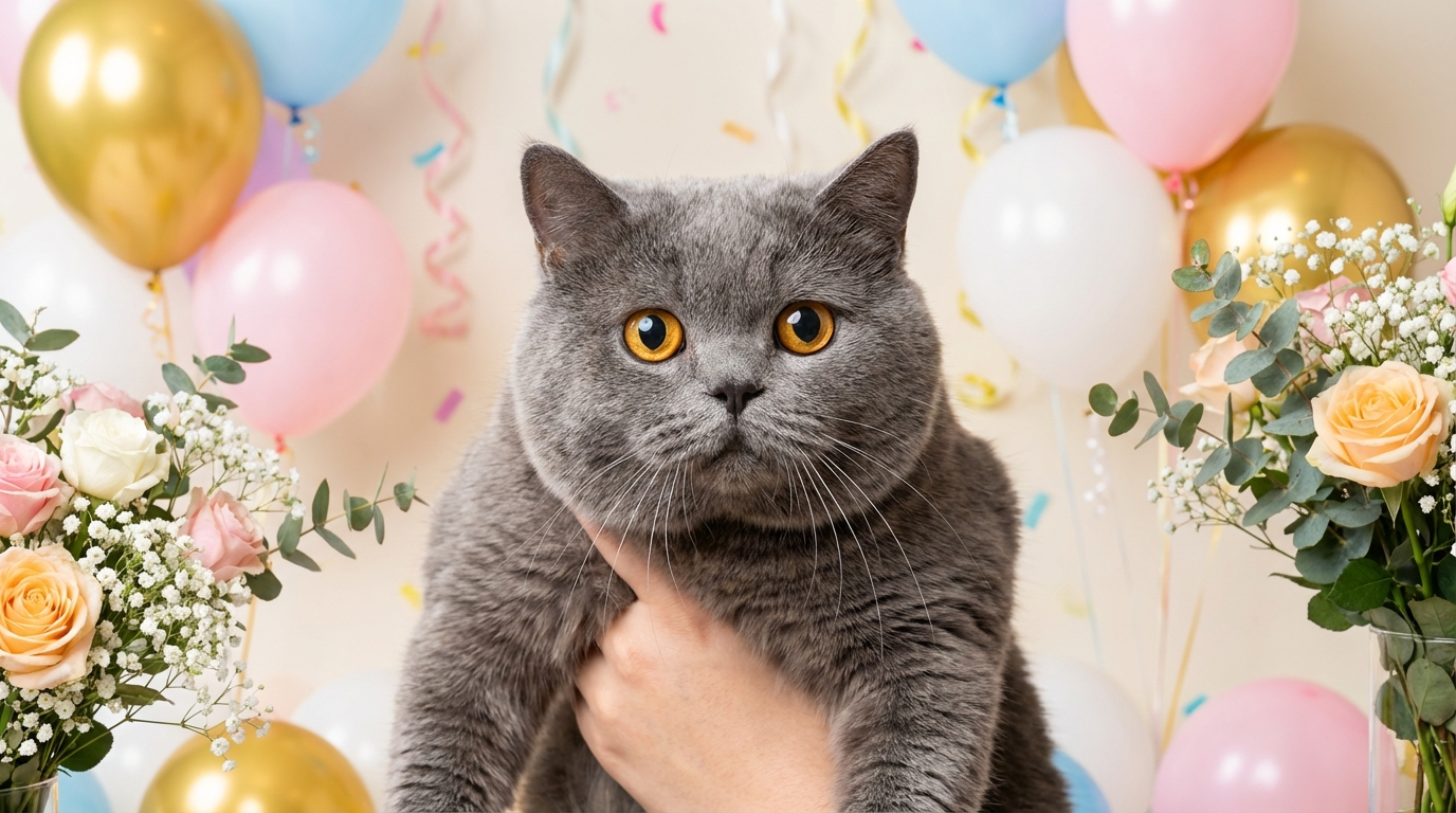 A gray British Shorthair cat with yellow eyes being held in front of a colorful party background with balloons, flowers, and confetti.