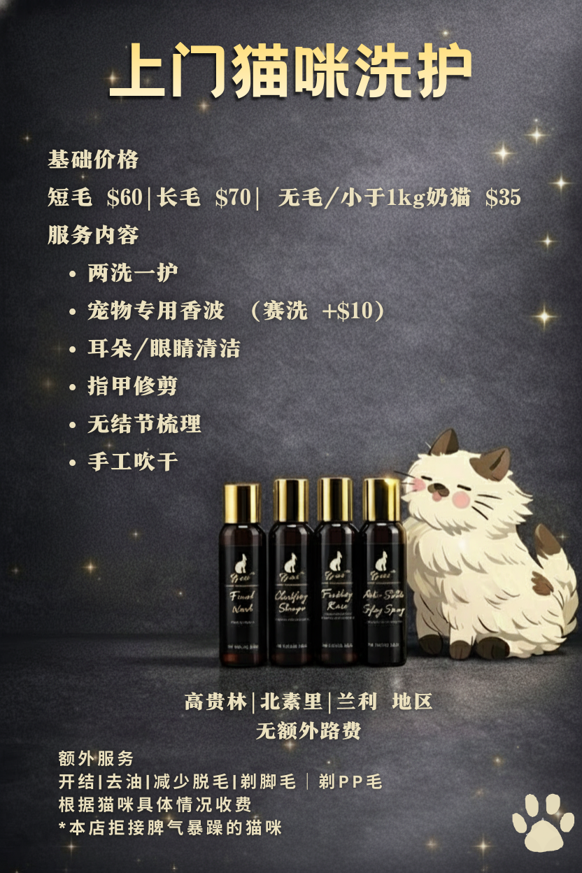 A poster advertising cat grooming services, with a cartoon illustration of a happy, fluffy cat, and four bottles of grooming products. The background is dark with gold sparkles. The text is in Chinese, listing grooming prices, services, and location details.