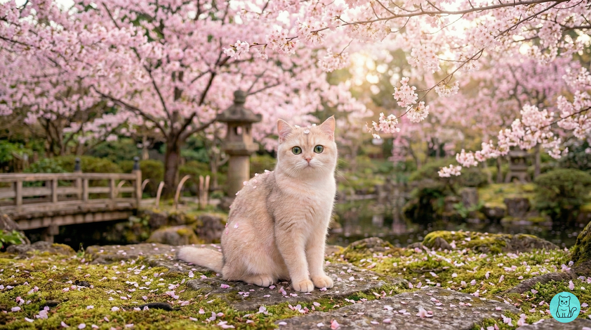 A cat sitting on moss-covered rocks in a garden with pink cherry blossom trees and a traditional stone lantern in the background.