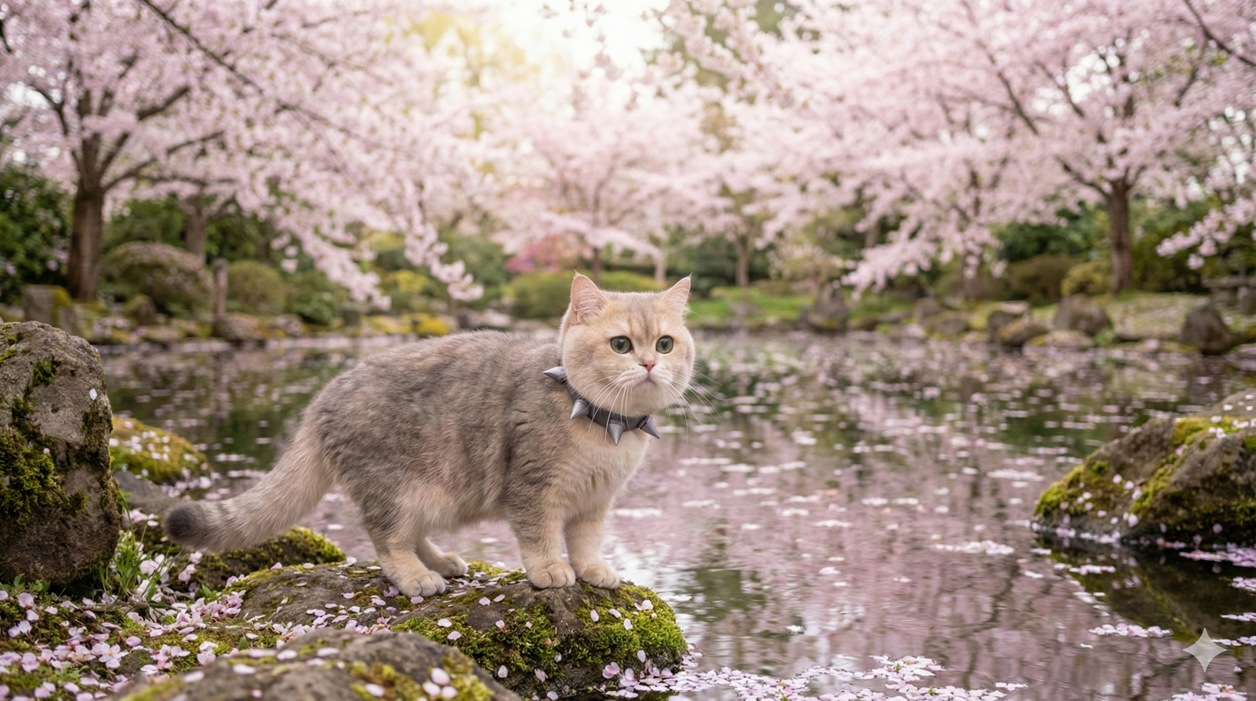 A cat with a spiked collar standing on rocks by a pond surrounded by pink cherry blossom trees.
