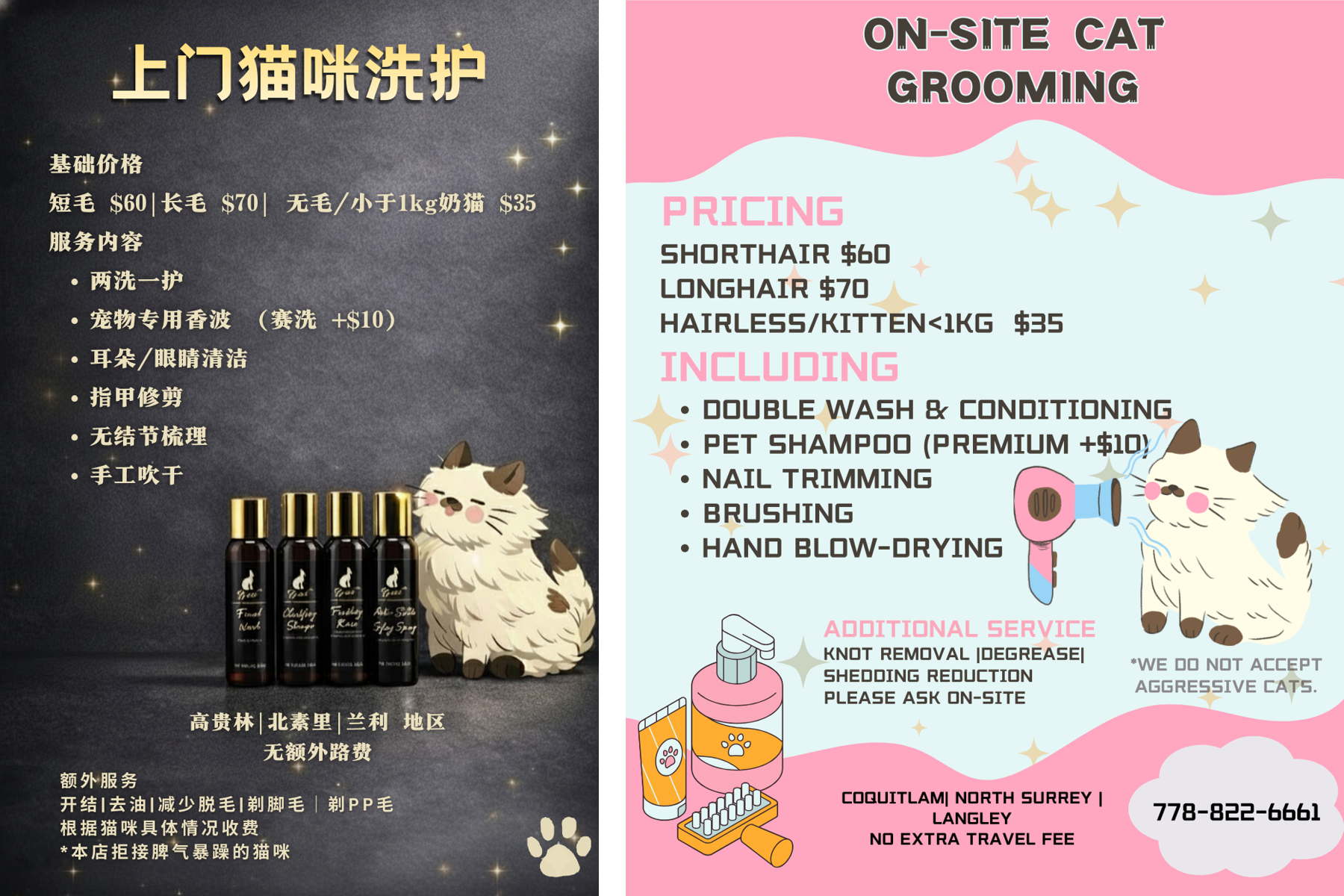 Comparison of two on-site cat grooming service flyers: the left flyer has Chinese text and a picture of grooming products with a cartoon cat, while the right flyer has English text with prices for grooming services, a cartoon cat with a hairdryer, and service details.
