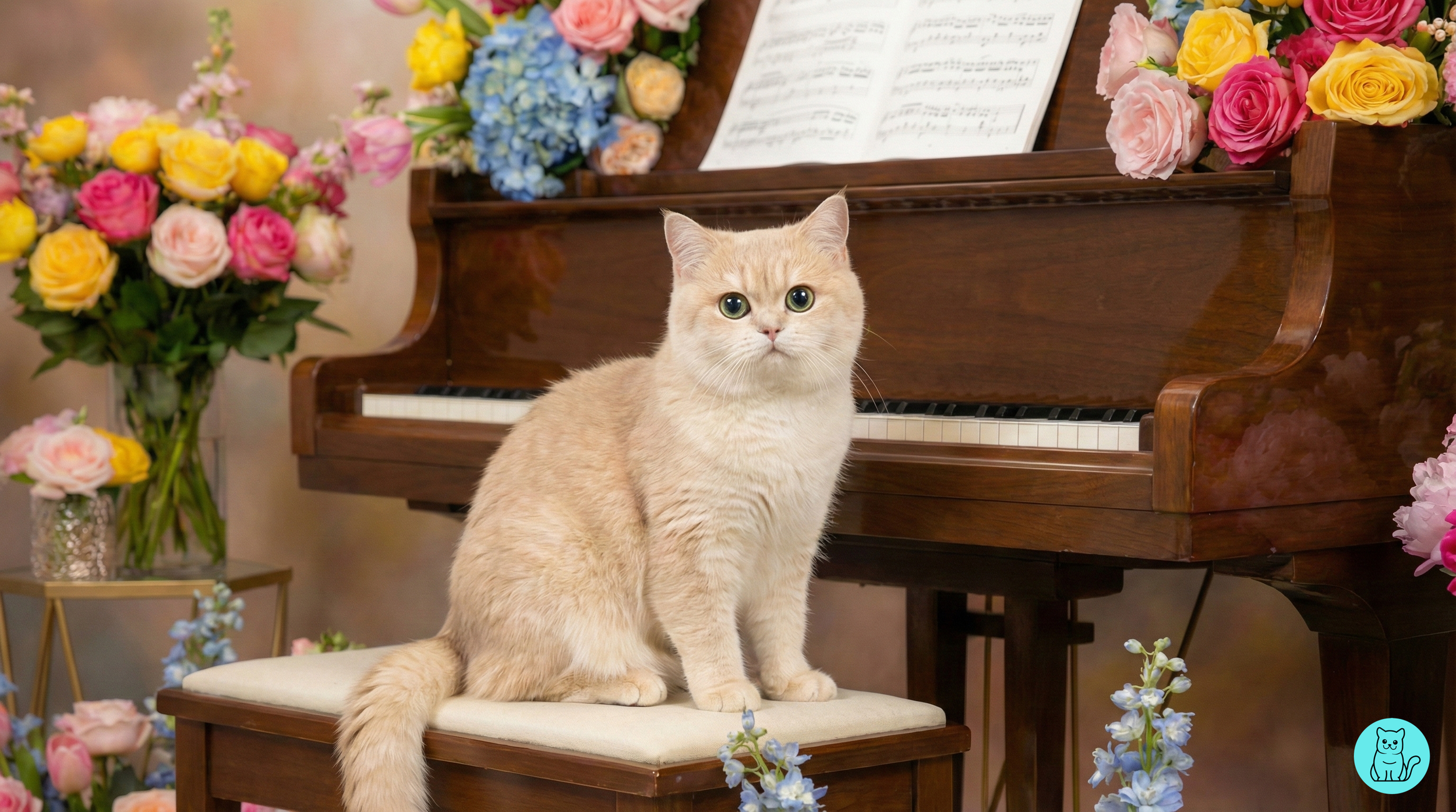 A beige cat sitting on a cream-colored cushioned stool in front of a wooden piano surrounded by colorful flowers and sheet music.