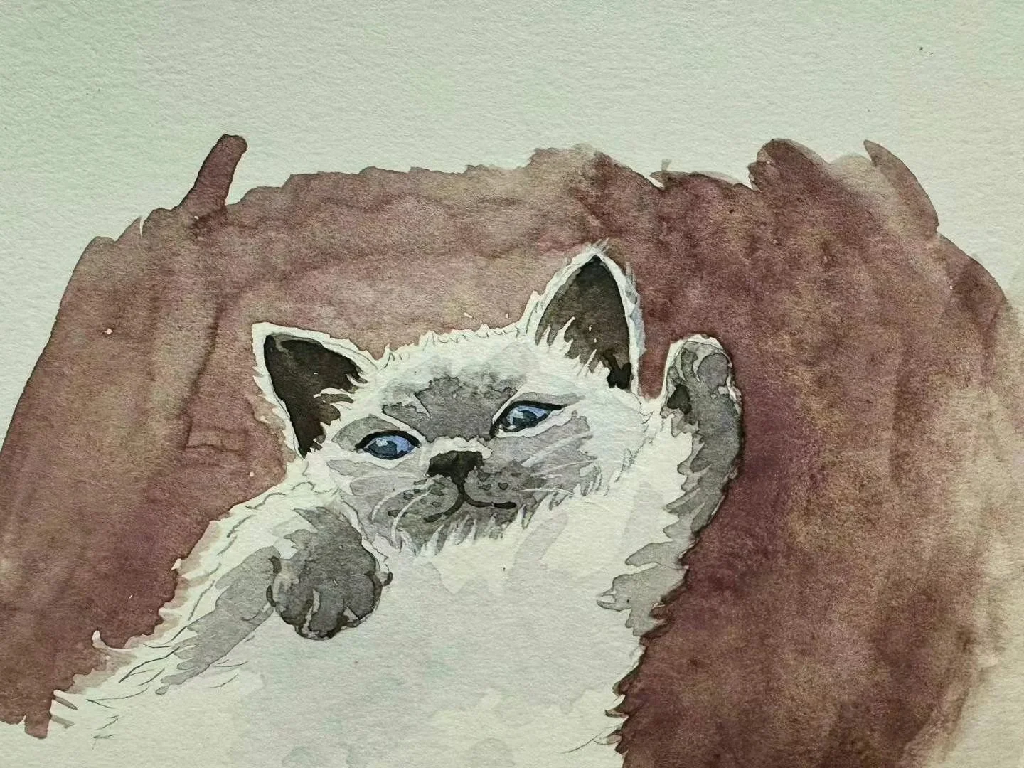 Watercolor painting of a cute kitten with blue eyes resting against a brown furry blanket.