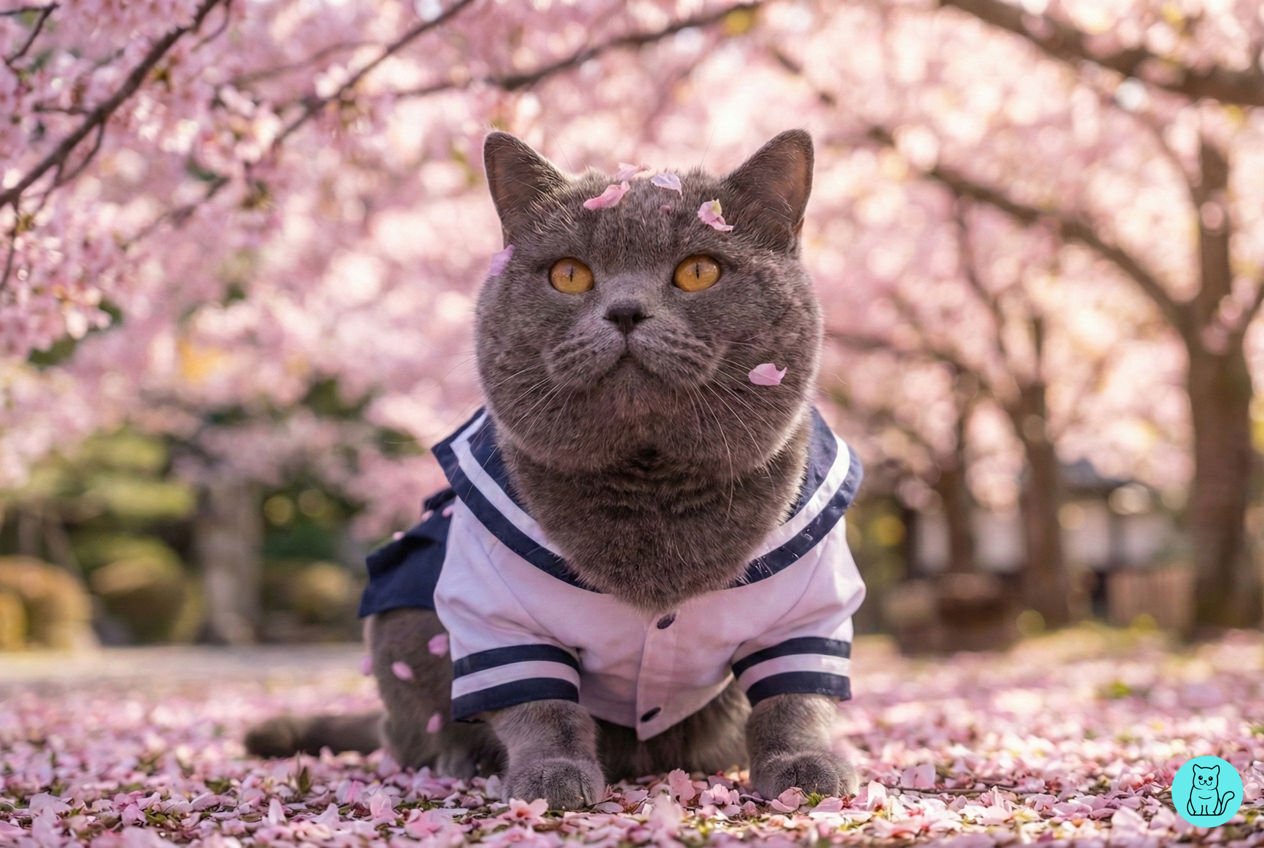 A gray cat dressed in a sailor outfit sitting on pink cherry blossom petals with cherry blossom trees in the background.