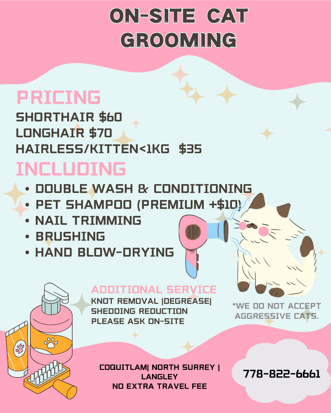 Pink and light blue poster advertising on-site cat grooming services. It lists pricing for various grooming packages, included services such as double wash, pet shampoo, nail trimming, brushing, and hand blow-drying. Extra services include knot removal and shedding reduction. The poster features a cartoon cat with a hairdryer, soap dispenser, and grooming tools, and notes that aggressive cats are not accepted.
