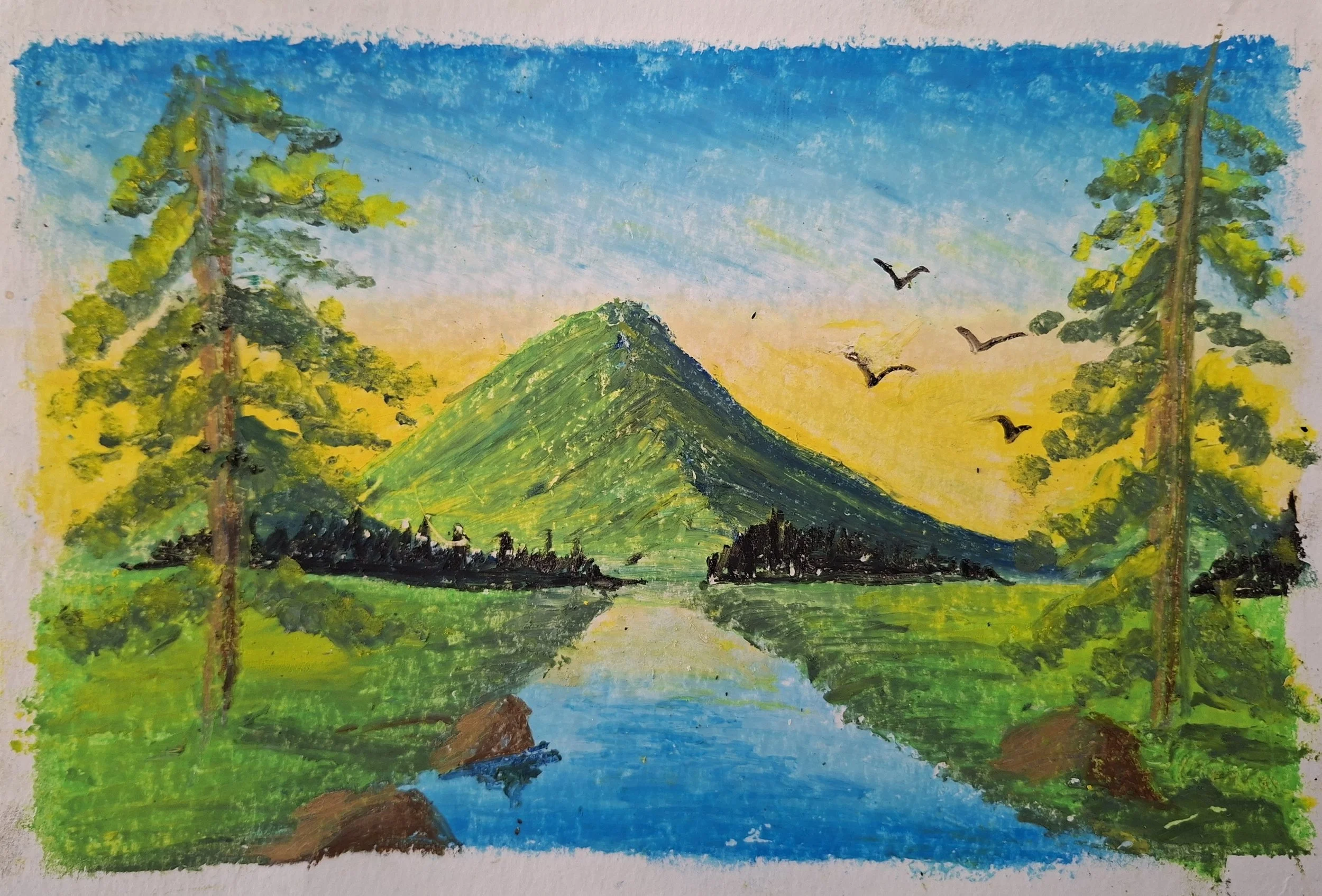 A colorful landscape painting of a mountain with a lake in the foreground, tall trees on either side, a yellow sky, and birds flying in the sky.