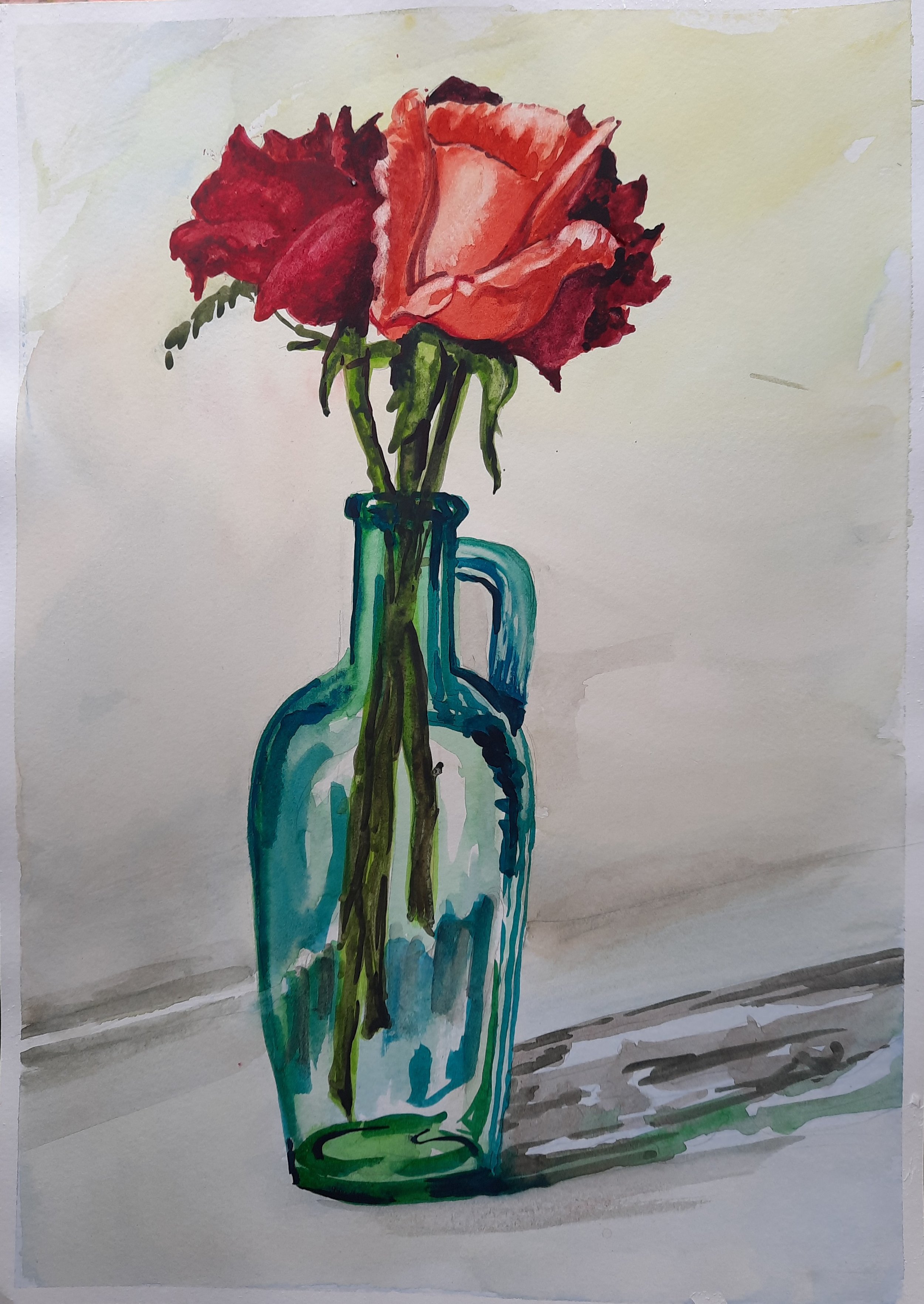 Watercolor painting of a glass jar with pink and red flowers on a wooden surface.