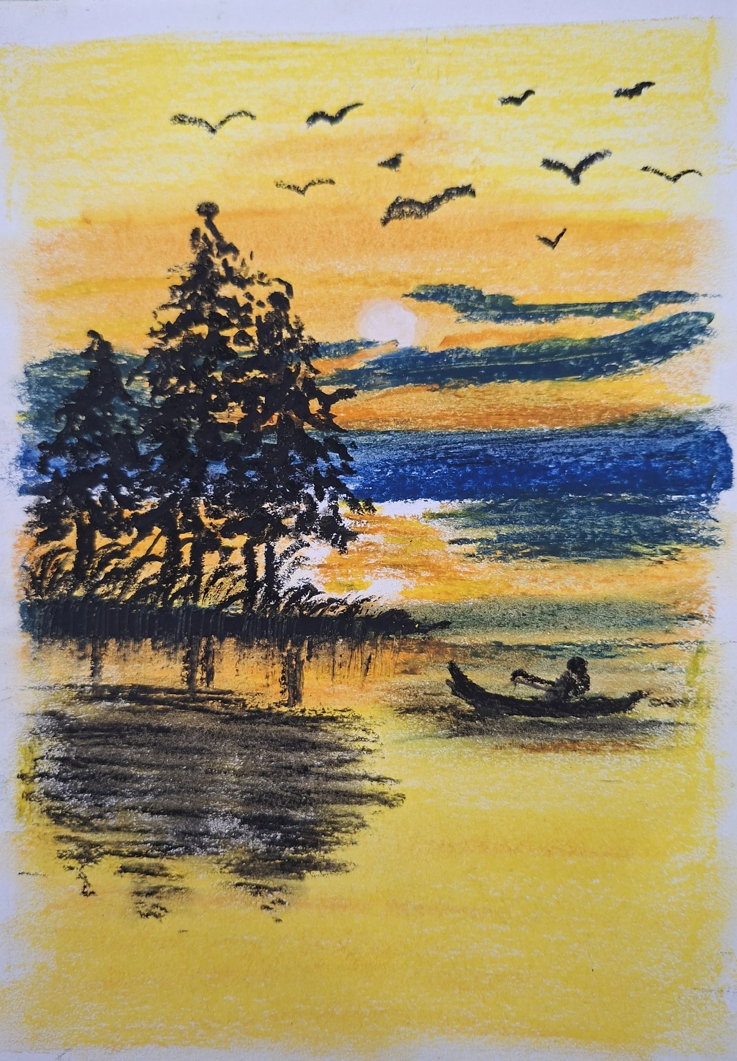 A pastel drawing of a sunset over a body of water, with a silhouette of trees on the left and a person fishing from a boat on the right. Birds are flying in the sky.