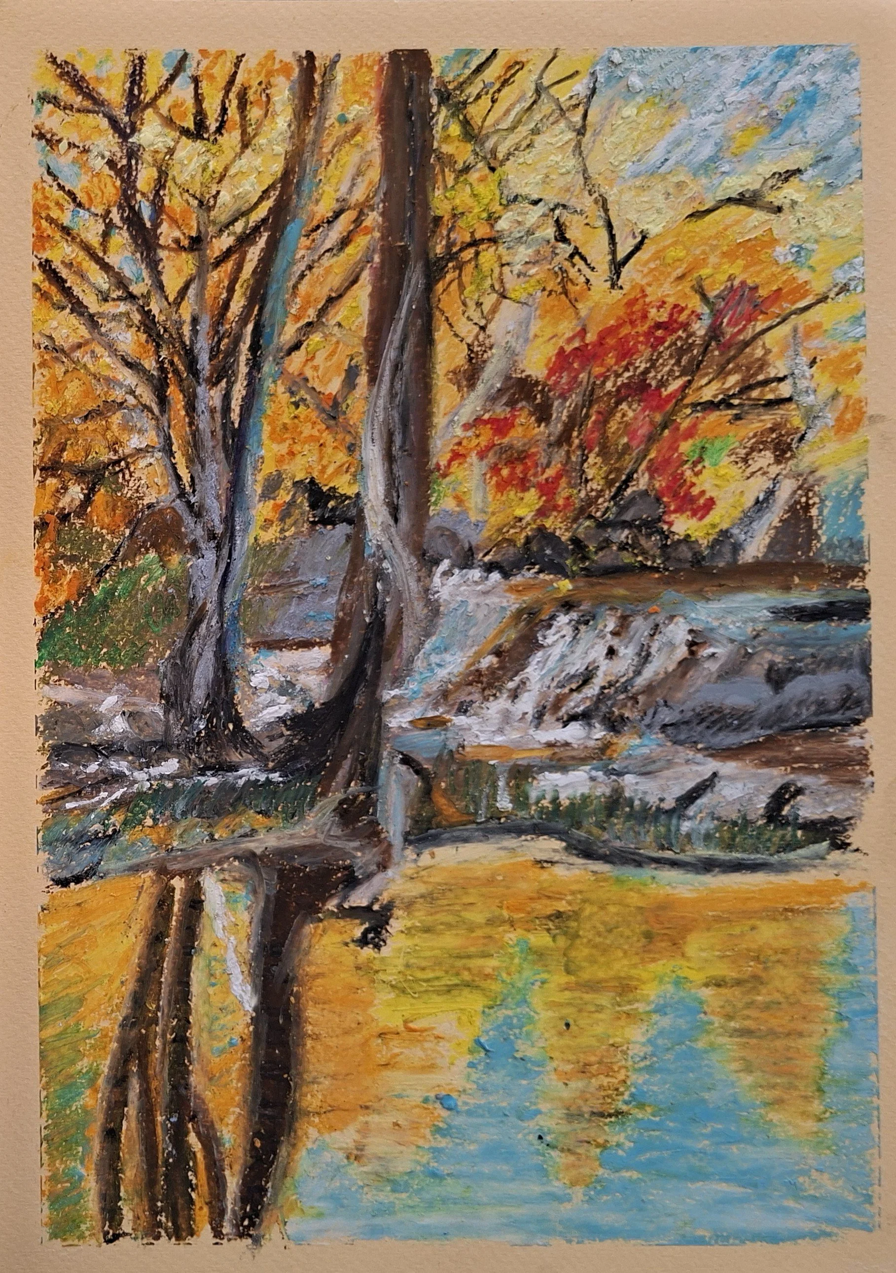 Oil painting of an autumn landscape with trees, a creek, and a reflection of the trees on a river.