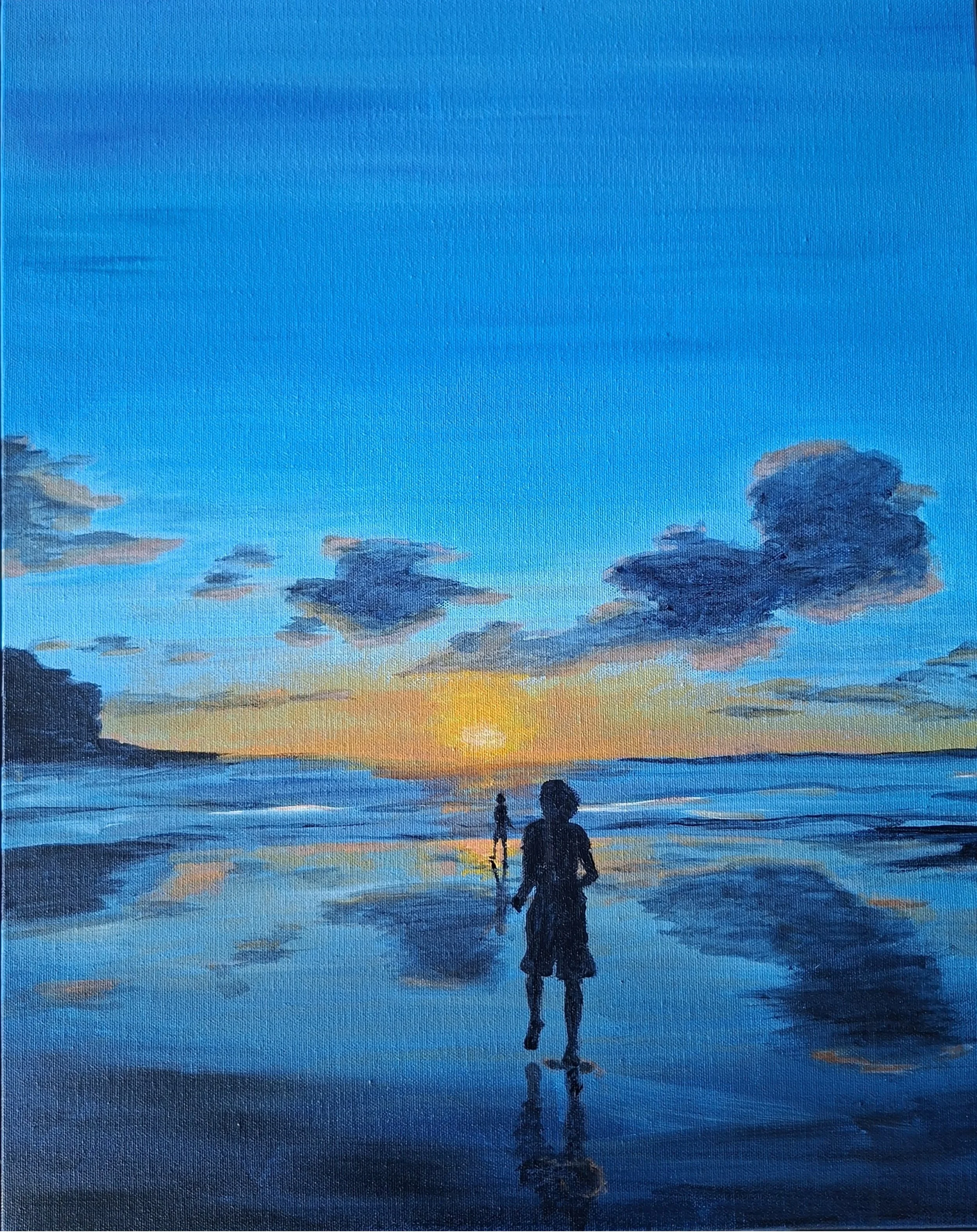 Painting of a beach at sunset with two children walking along the shoreline, clouds in the sky, and the sun setting on the horizon.