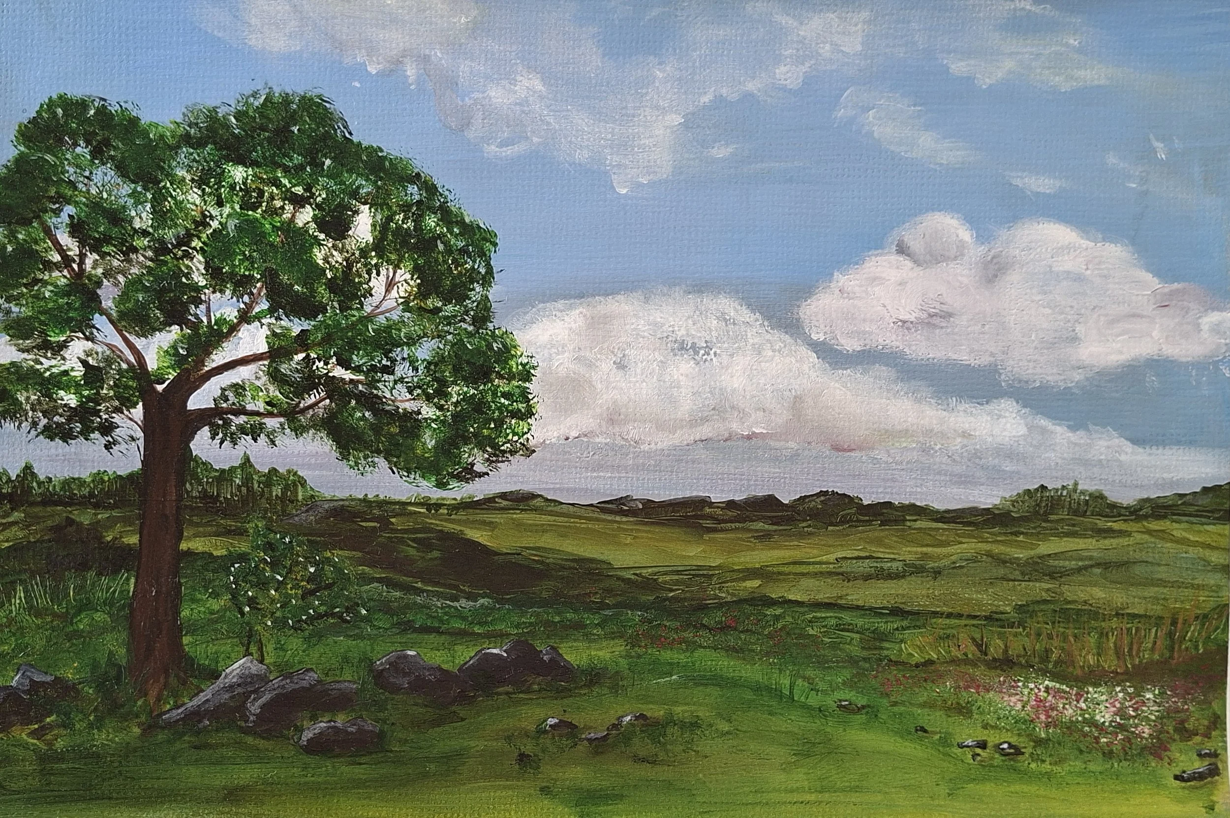 A painting of a landscape with a large green tree on the left, rolling green hills in the background, and a partly cloudy sky with white clouds.