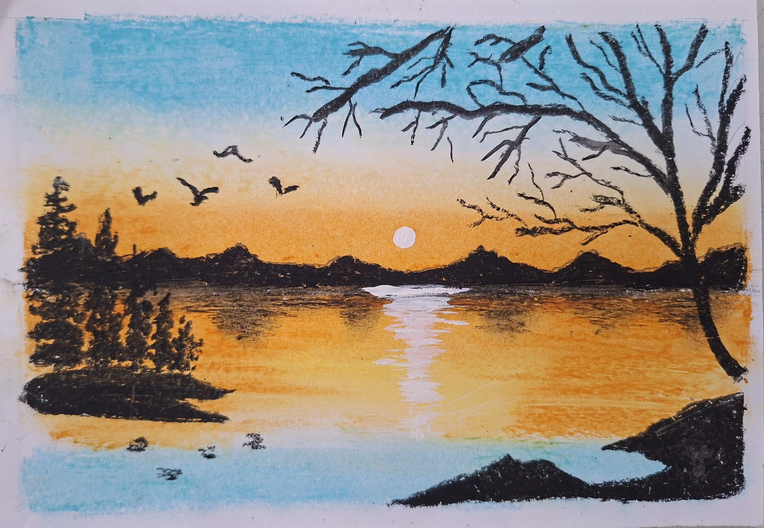 Watercolor painting of a sunset over a lake, with mountains in the background, birds flying in the sky, and trees on the shoreline.