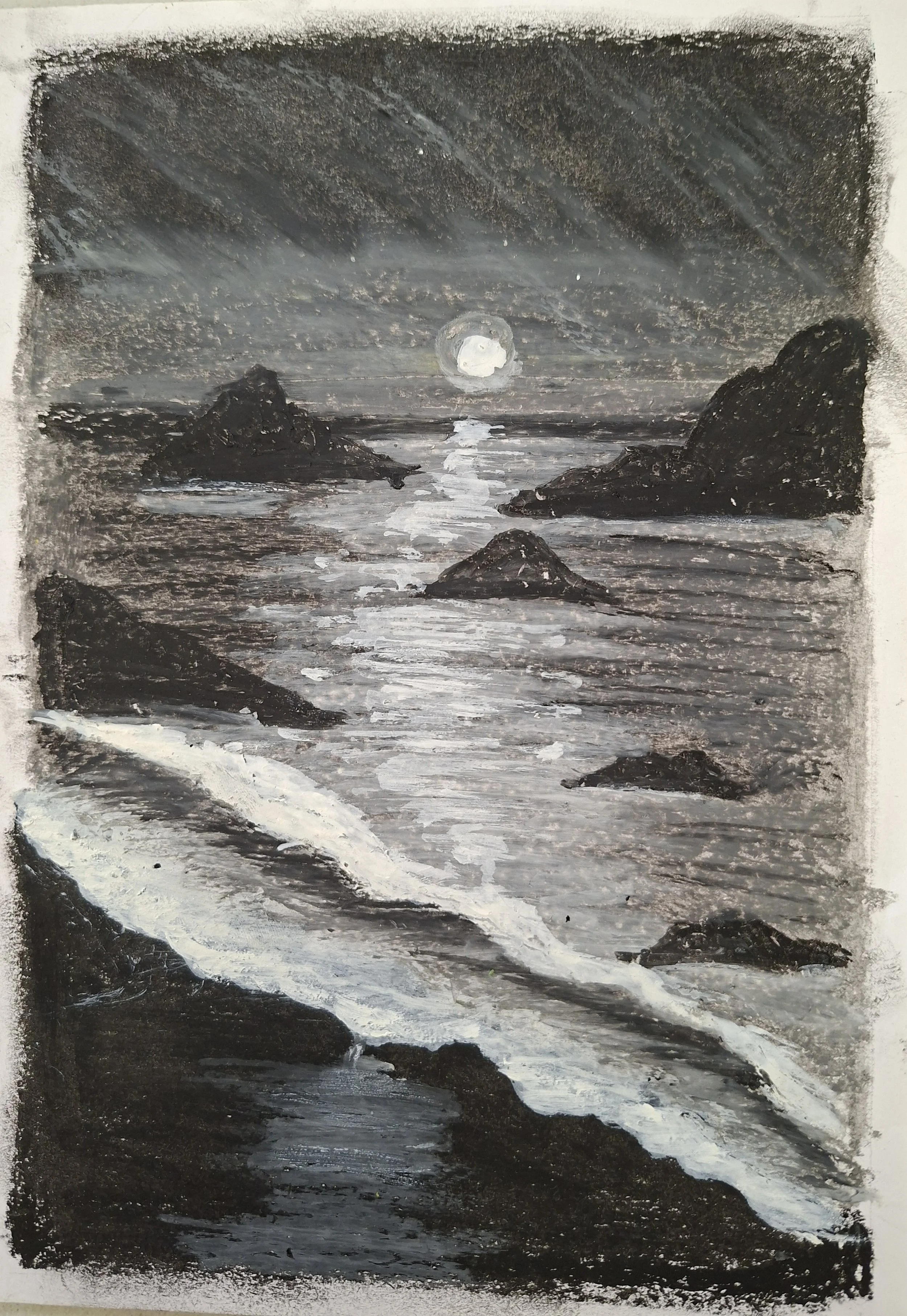 A black and white painting of a seascape at night with the moon reflecting on the water, surrounded by rocky cliffs and islands.