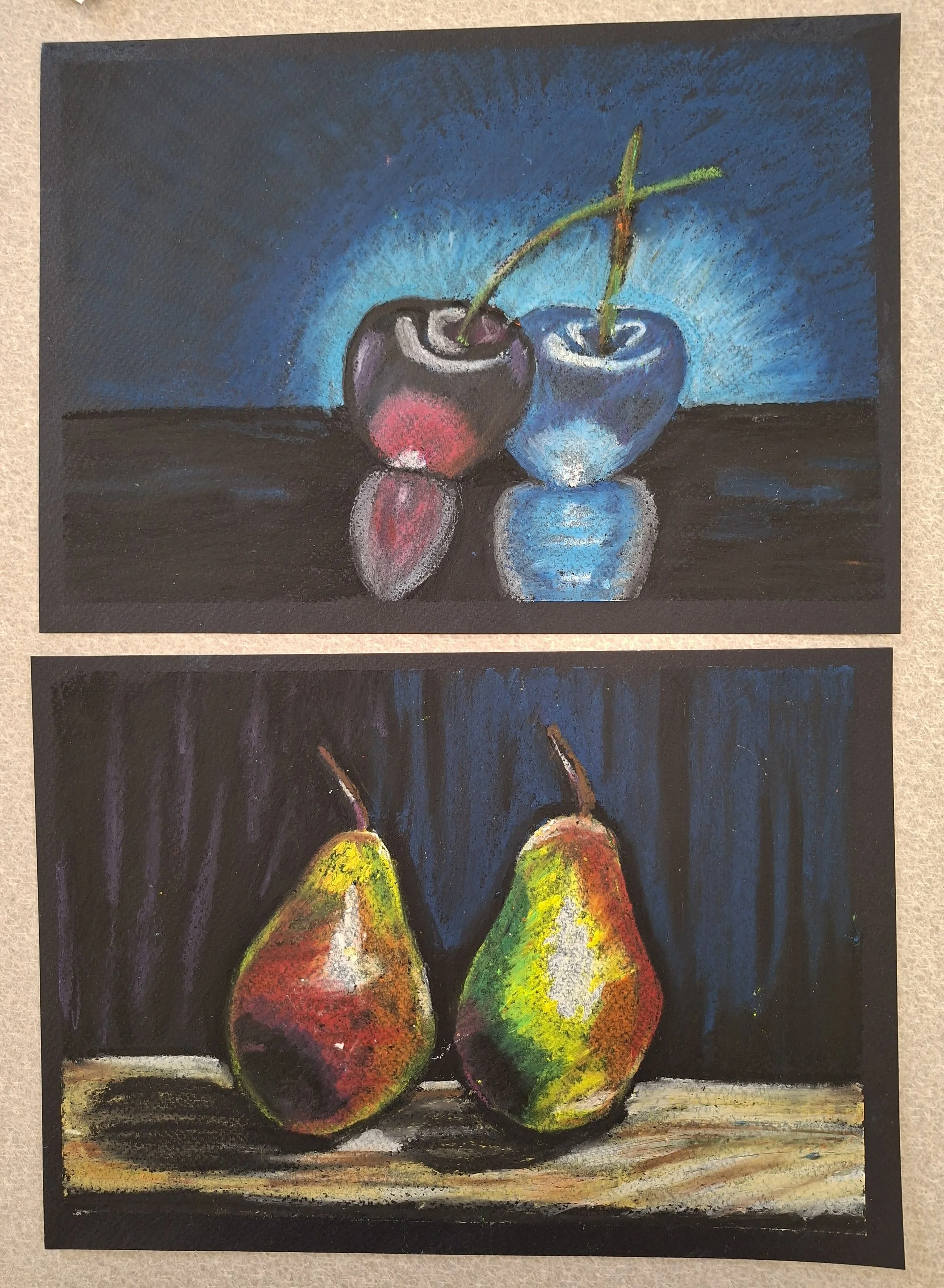 Two still life paintings of fruits, one featuring cherries in a bowl and the other depicting two pears on a wooden surface.