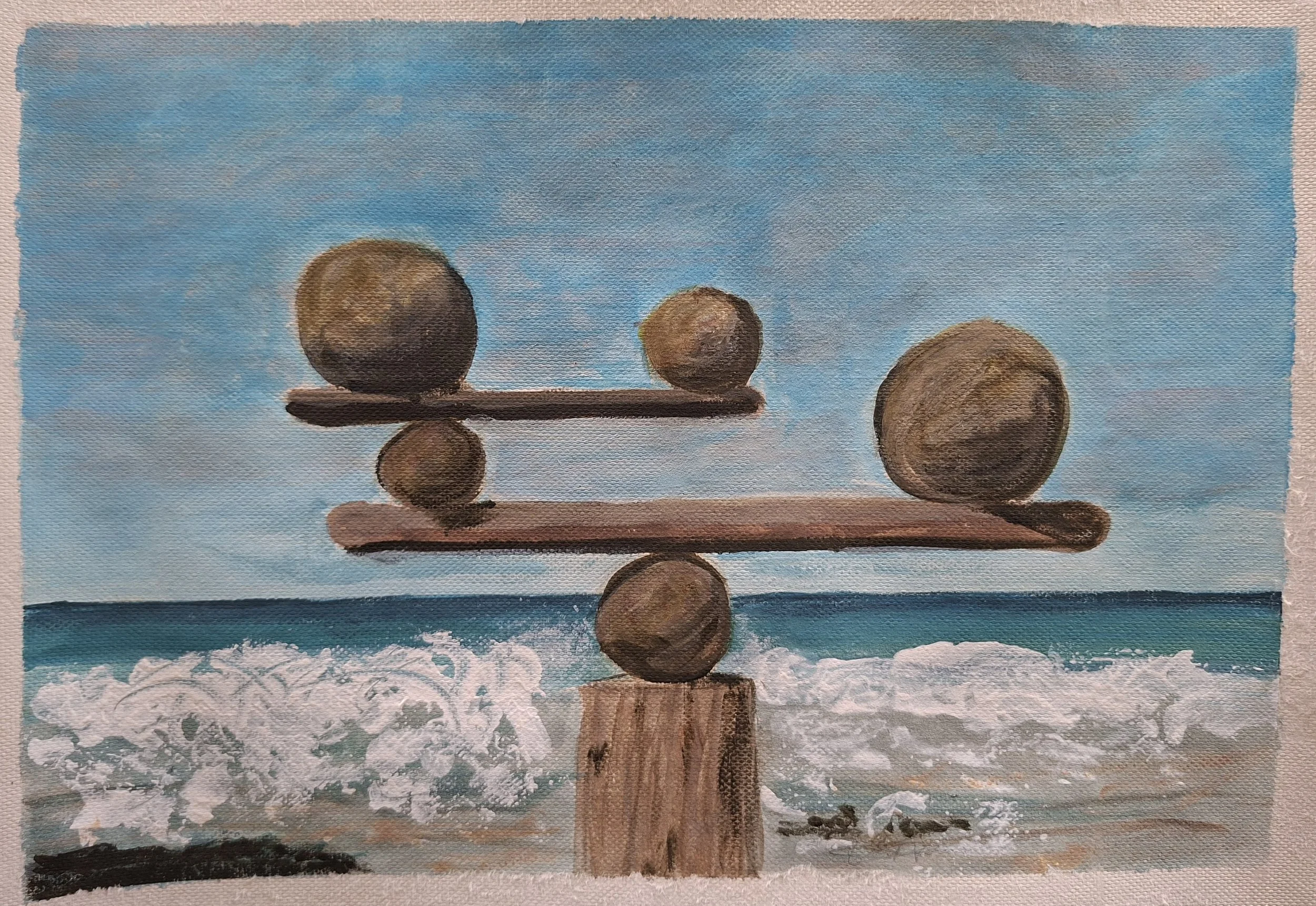 Painting of balanced rocks on wooden beams on the beach with ocean waves and a cloudy sky in the background.