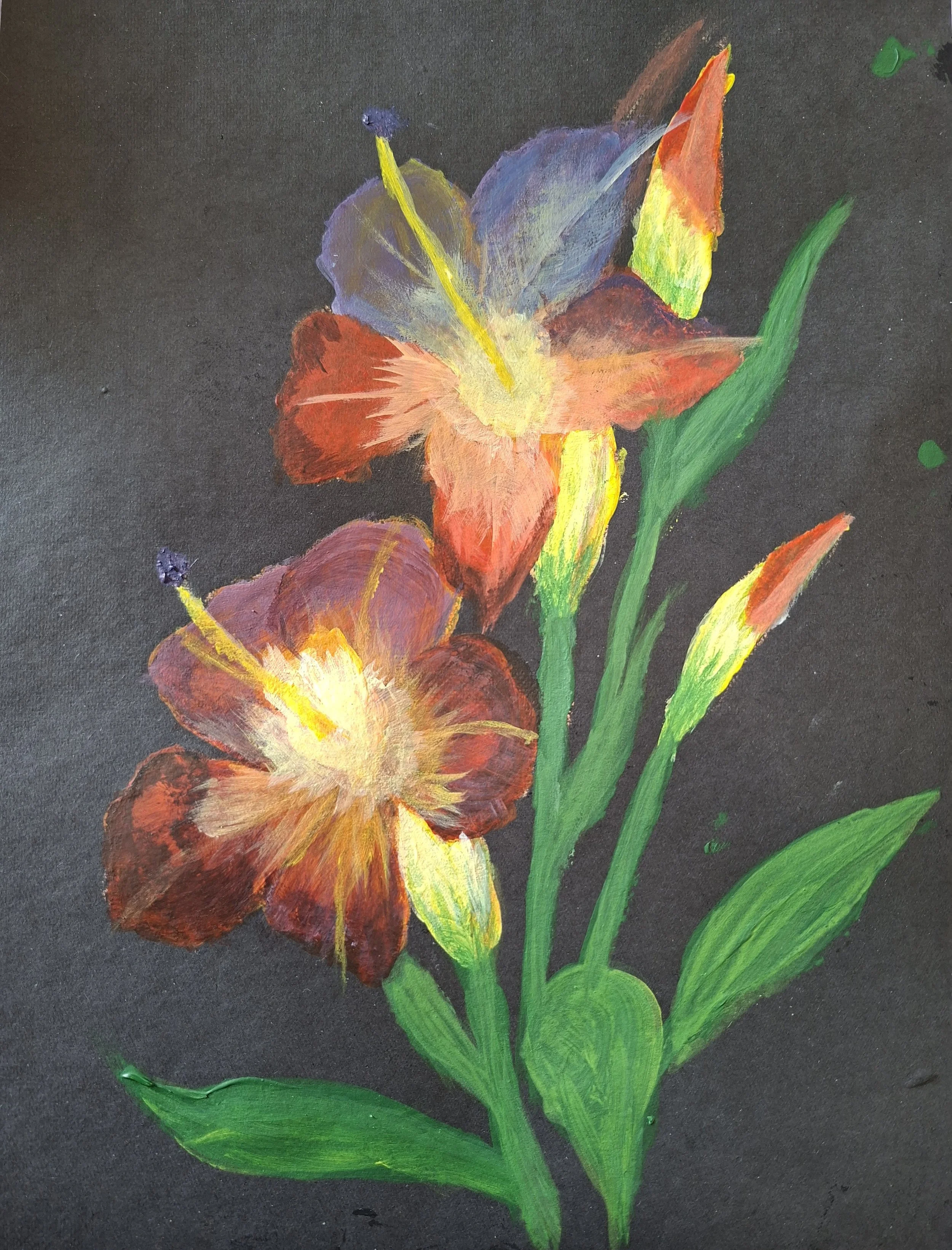 Painted illustration of three colorful flowers with green stems and leaves on a dark background.