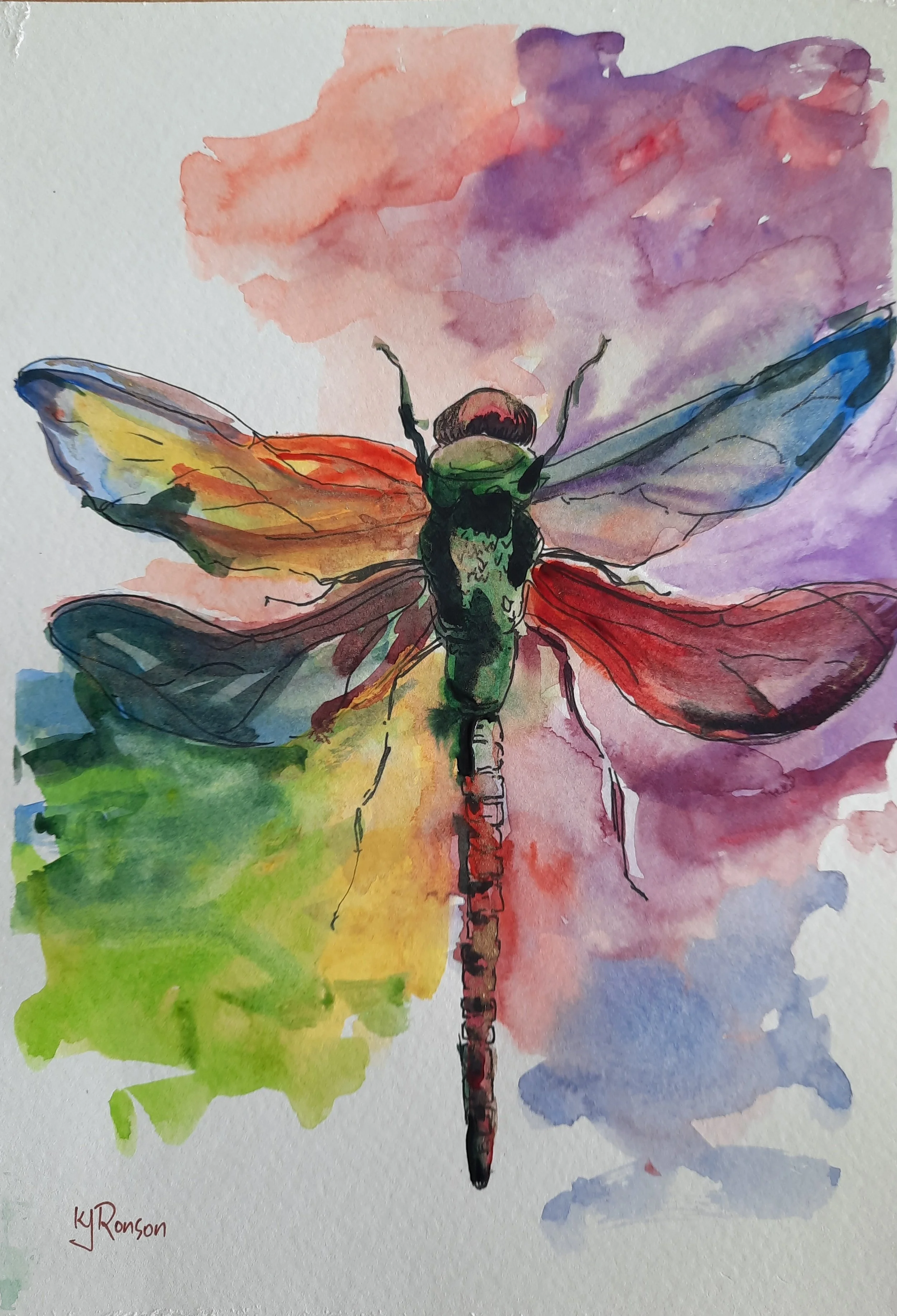 Watercolor painting of a colorful dragonfly with multicolored wings and a green and black body, set against a vibrant, abstract background.