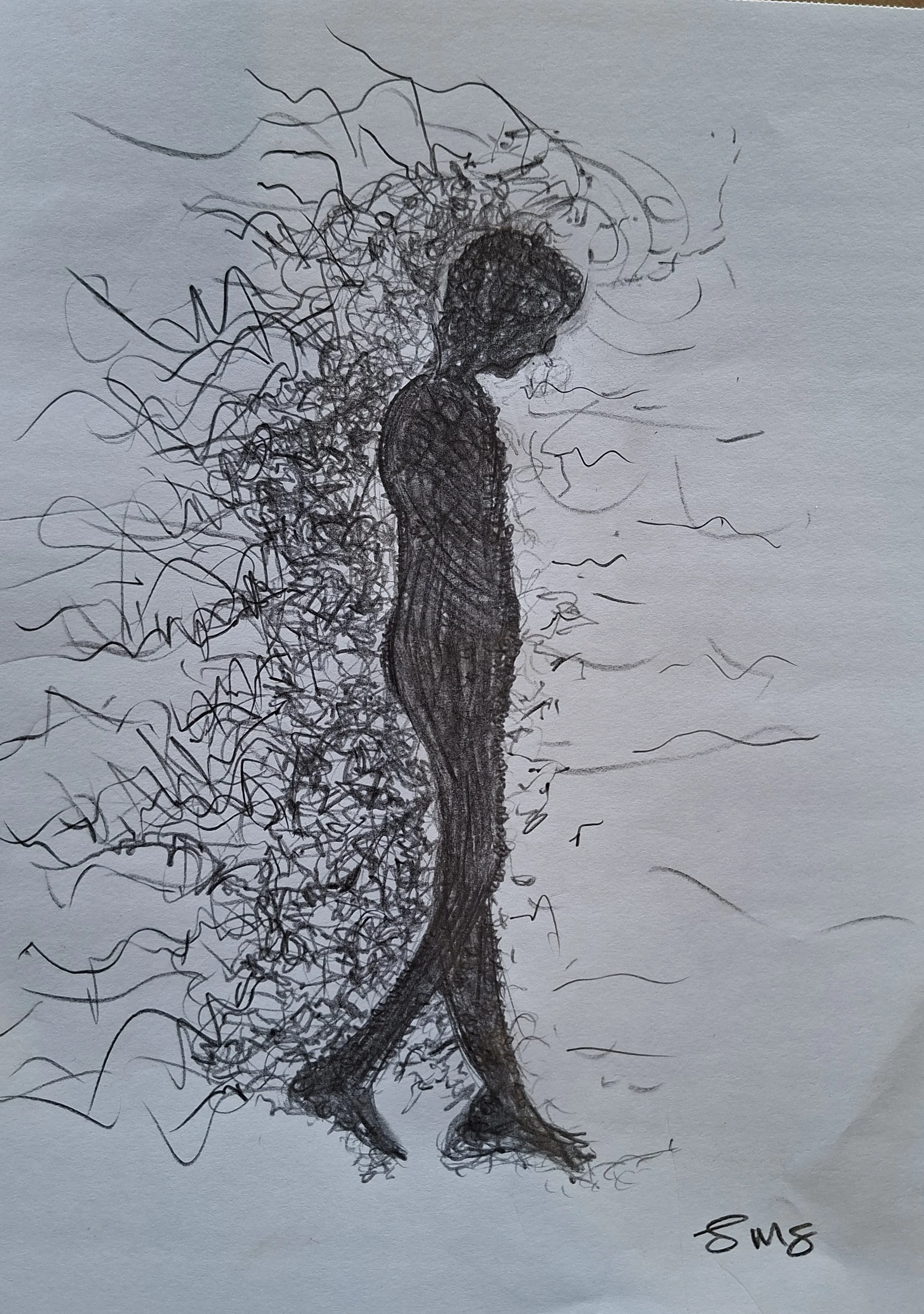 A sketch of a woman standing alone with her head bowed, facing right. The woman is drawn with dark, scribbled lines and is surrounded by lighter, abstract lines that suggest a textured background.
