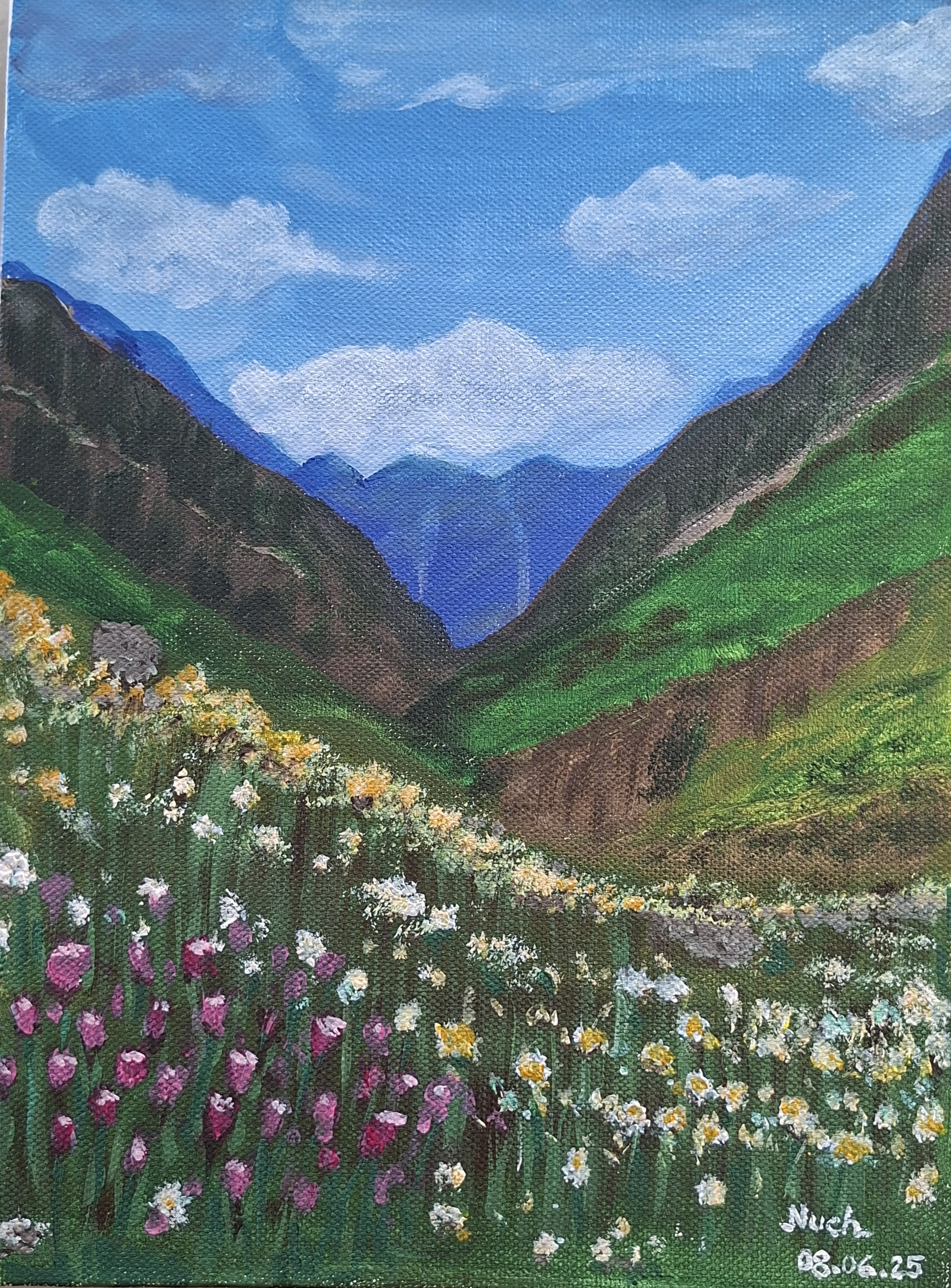 A painted landscape of a mountain valley with green hills, colorful flowers in the foreground, and blue mountains under a partly cloudy sky.
