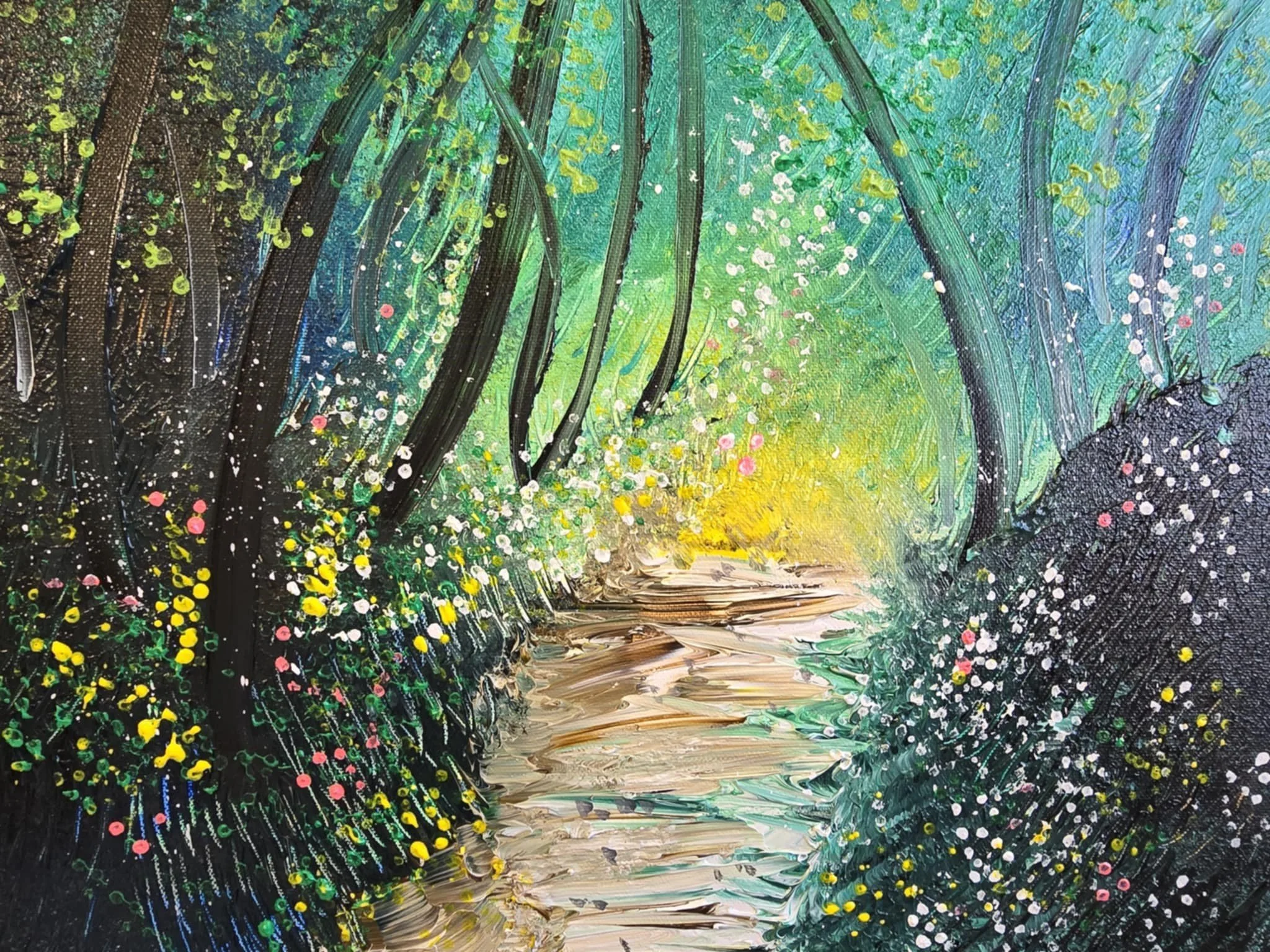 An impressionist painting of a forest scene with a pathway leading towards a bright yellow-green light in the background, surrounded by green, black, and white foliage with colorful dots.