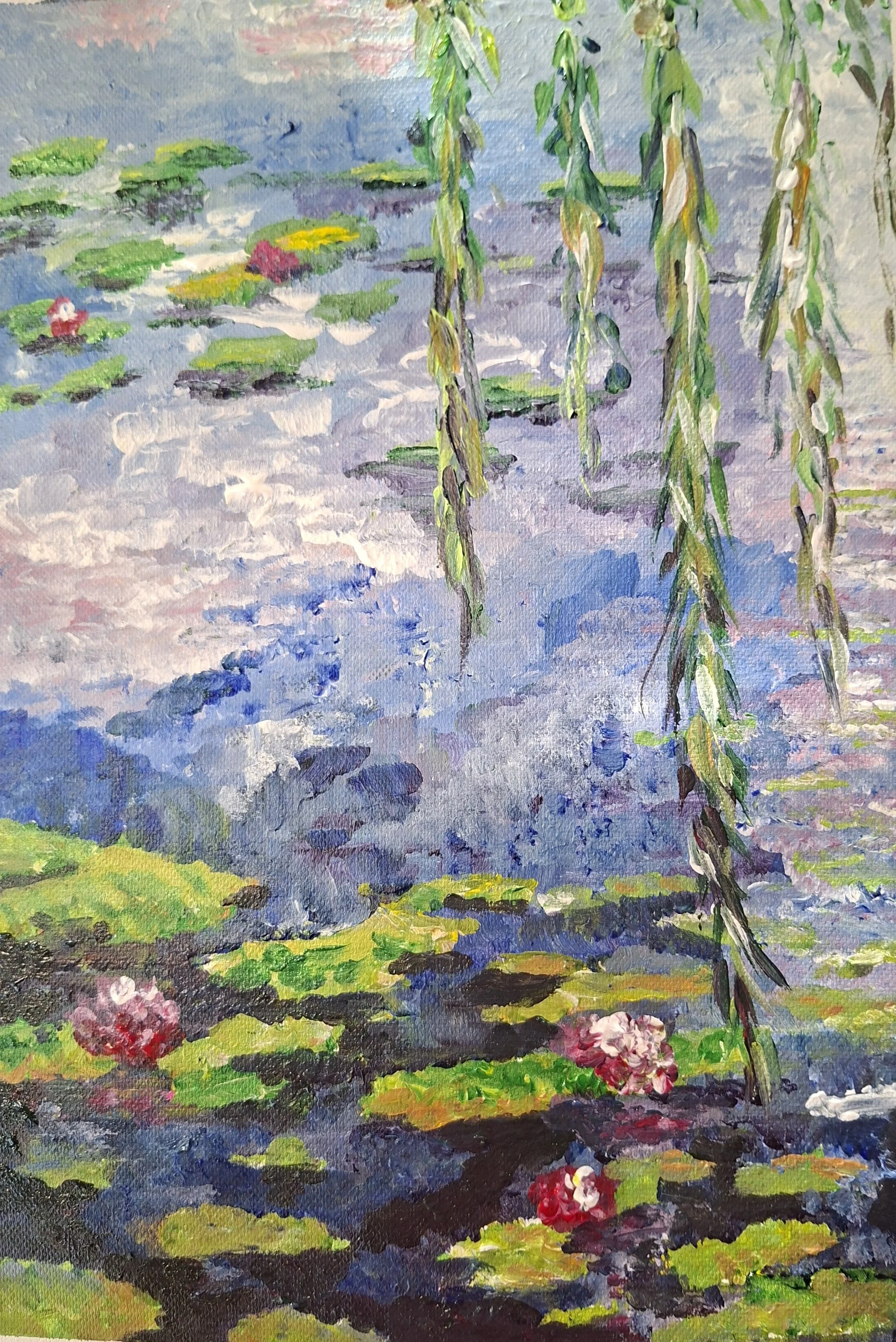 Impressionist painting of a pond with water lilies, hanging willow branches, and lily pads, using vibrant colors.