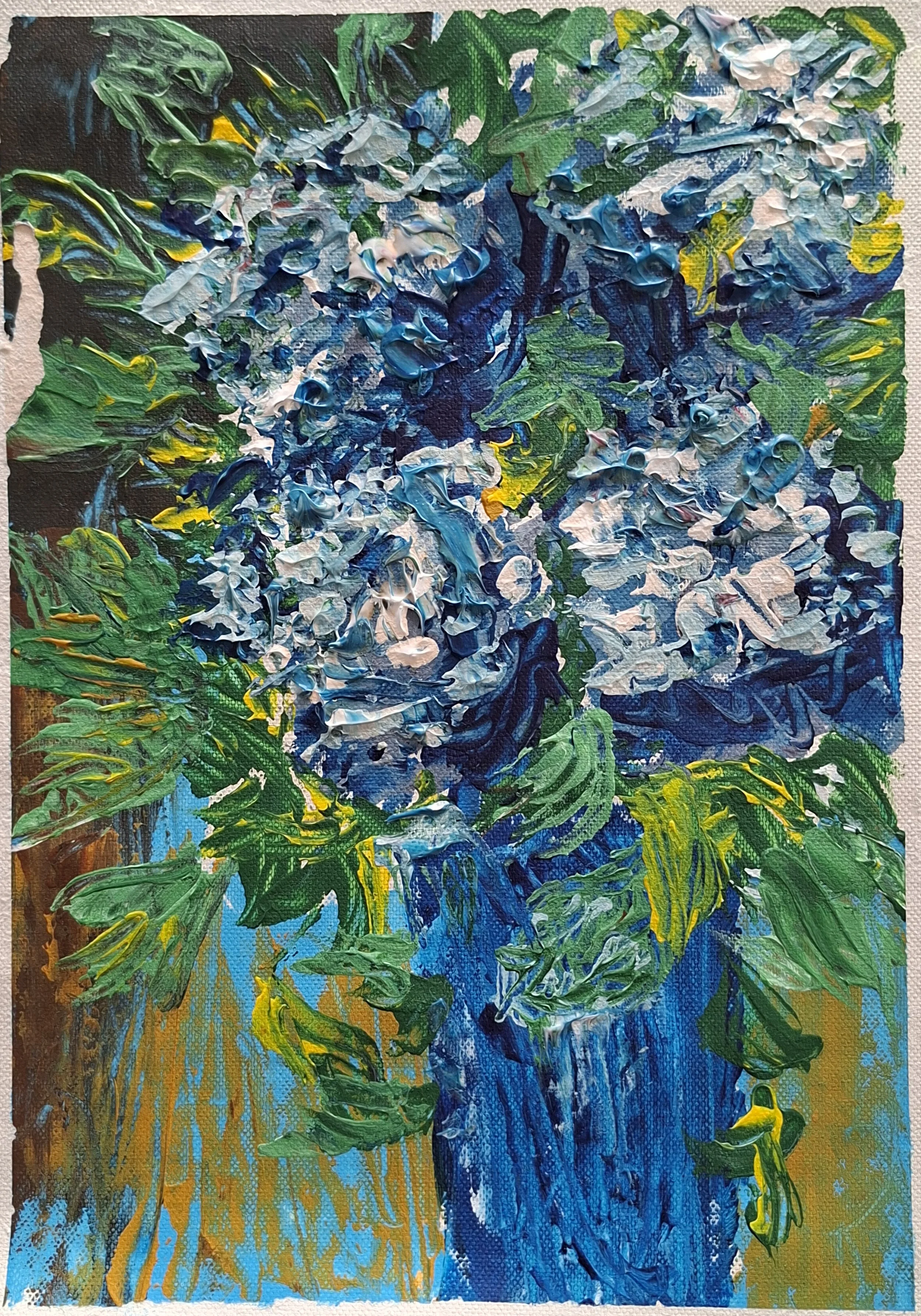 Impressionist style painting of a bouquet of blue and white hydrangeas in a blue vase, with green leaves and a brown background.