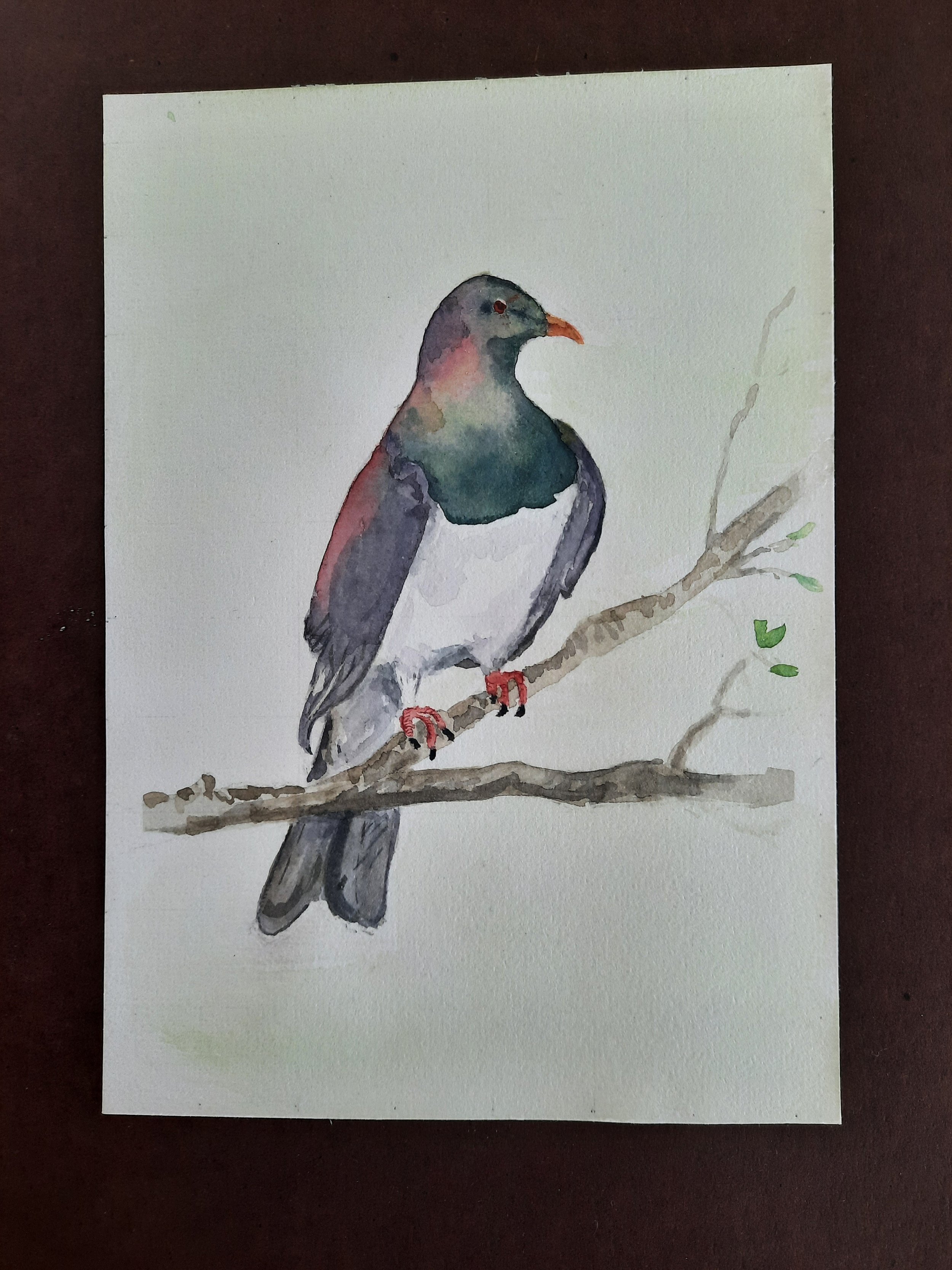 Watercolor painting of a bird perched on a branch, with small green leaves, on white paper.